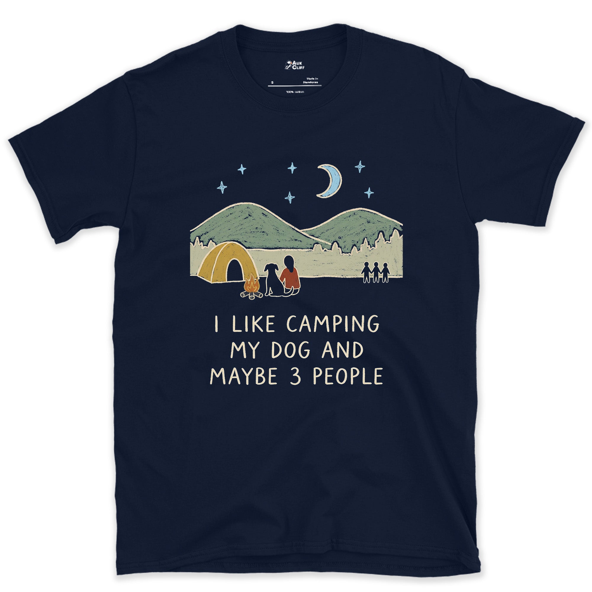 I Like Camping, My Dog, and Maybe 3 People design on a Navy Gildan Softstyle t-shirt