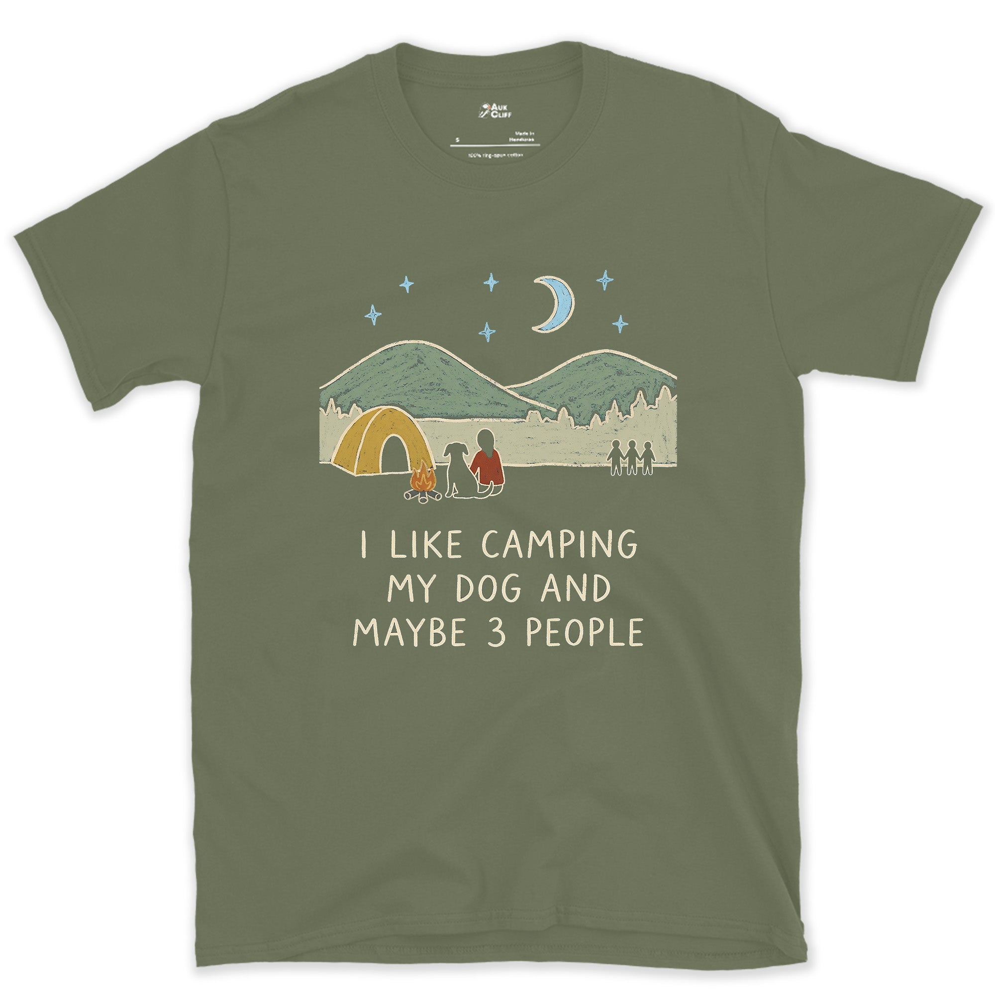 I Like Camping, My Dog, and Maybe 3 People design on a Military Green Gildan Softstyle t-shirt