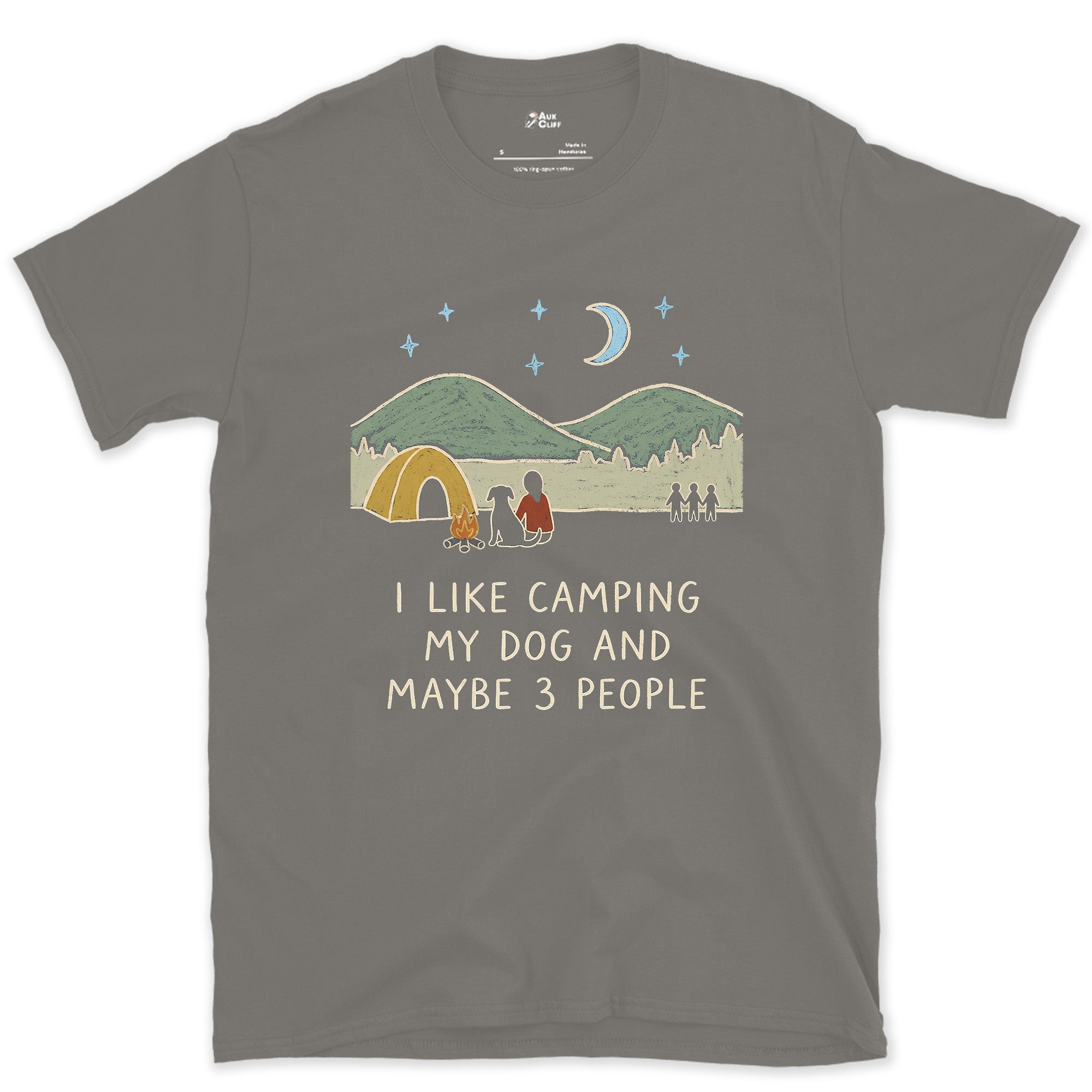 I Like Camping, My Dog, and Maybe 3 People design on a Charcoal Gildan Softstyle t-shirt