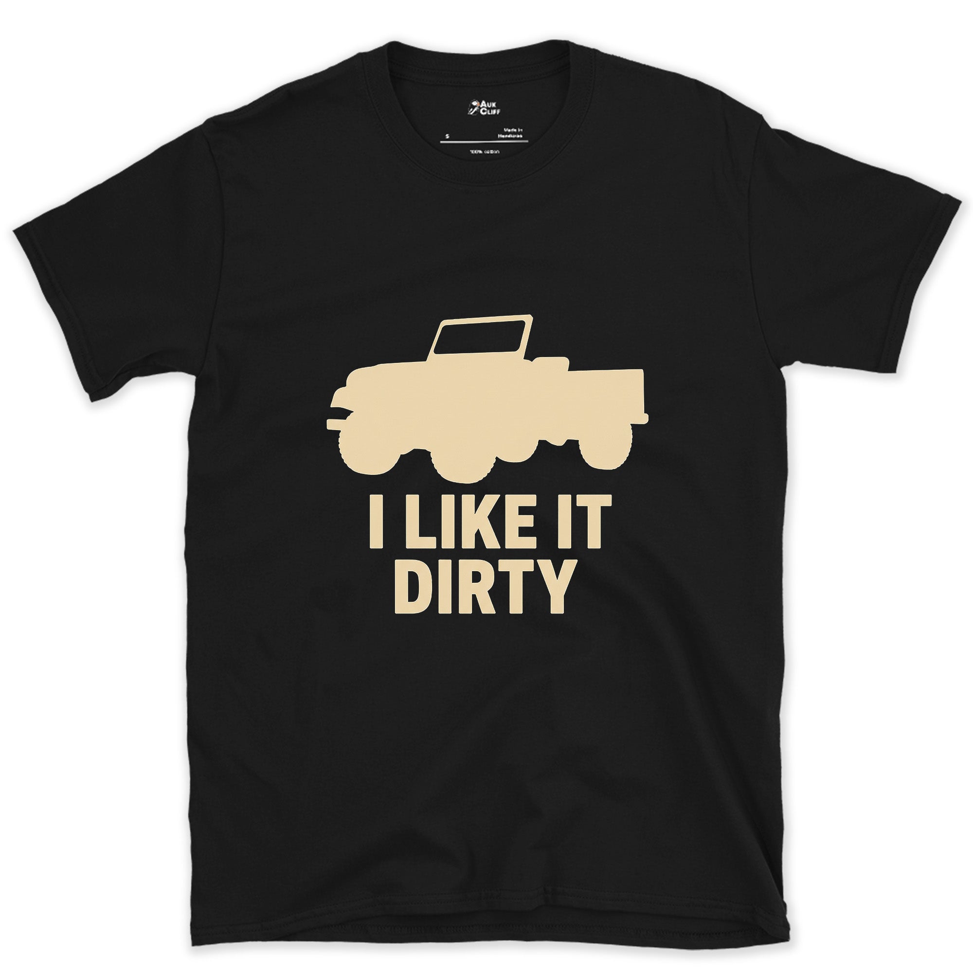 I Like It Dirty, Open Top Jeep design on a Black Gildan Softstyle t-shirt