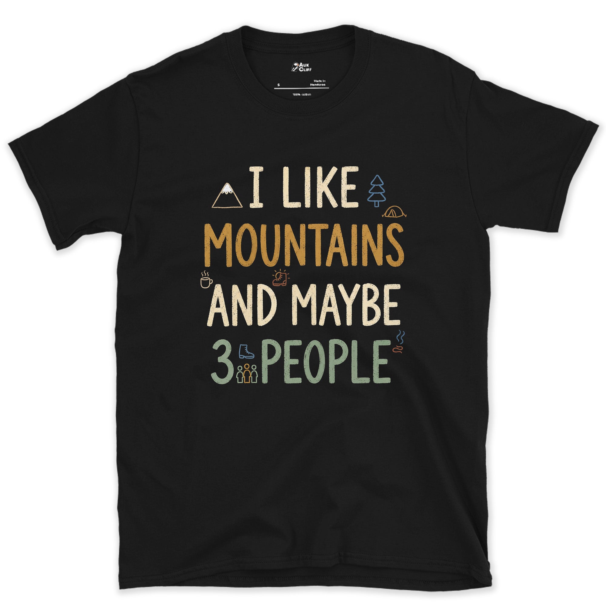 I Like Mountains and Maybe 3 People, Tent and Mug design on a Black Gildan Softstyle t-shirt
