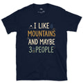 I Like Mountains and Maybe 3 People, Tent and Mug design on a Navy Gildan Softstyle t-shirt