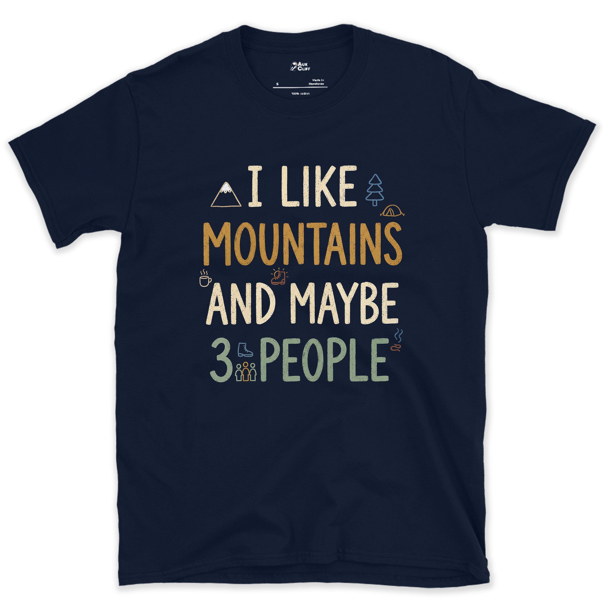 I Like Mountains and Maybe 3 People, Tent and Mug design on a Navy Gildan Softstyle t-shirt