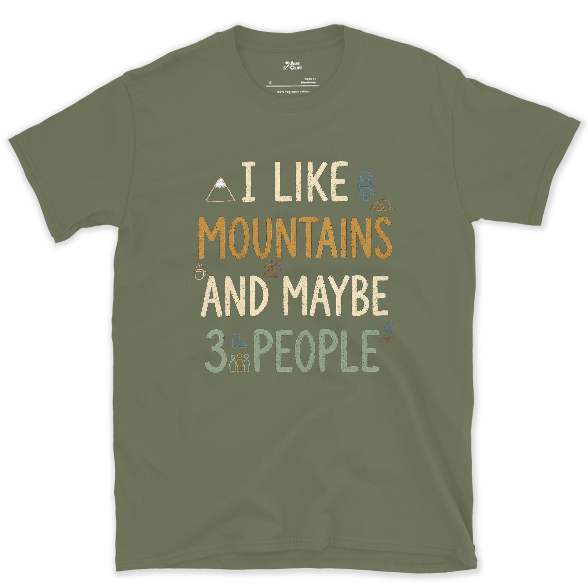 I Like Mountains and Maybe 3 People, Tent and Mug design on a Military Green Gildan Softstyle t-shirt