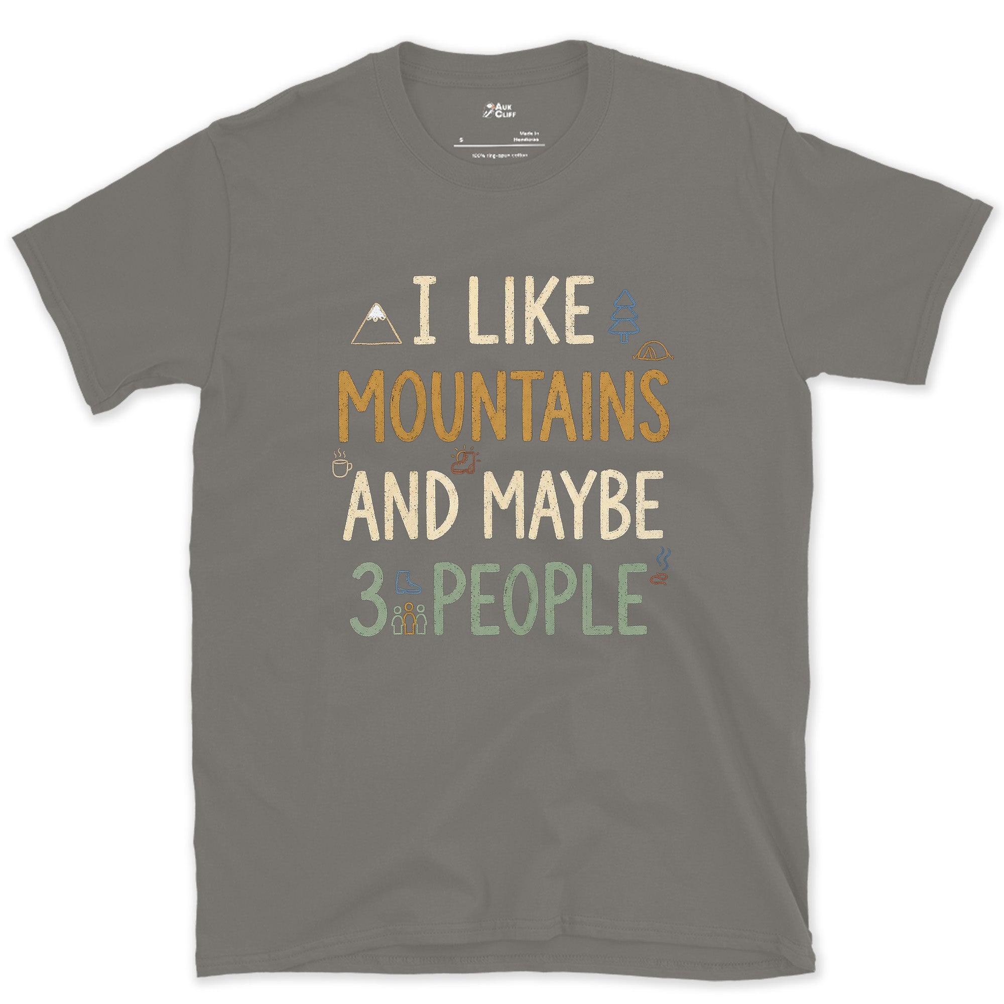 I Like Mountains and Maybe 3 People, Tent and Mug design on a Charcoal Gildan Softstyle t-shirt
