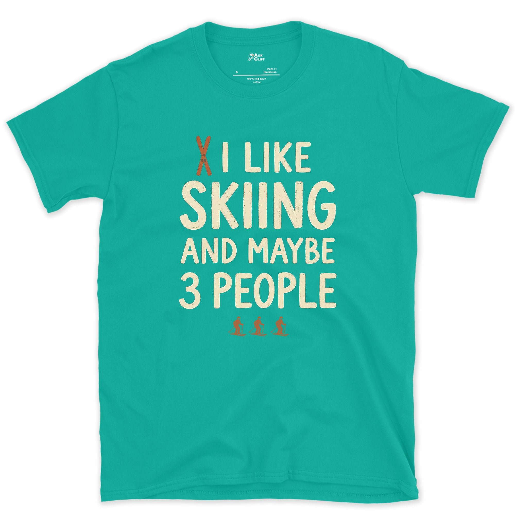 I Like Skiing and Maybe 3 People design on a Jade Dome Gildan Softstyle t-shirt