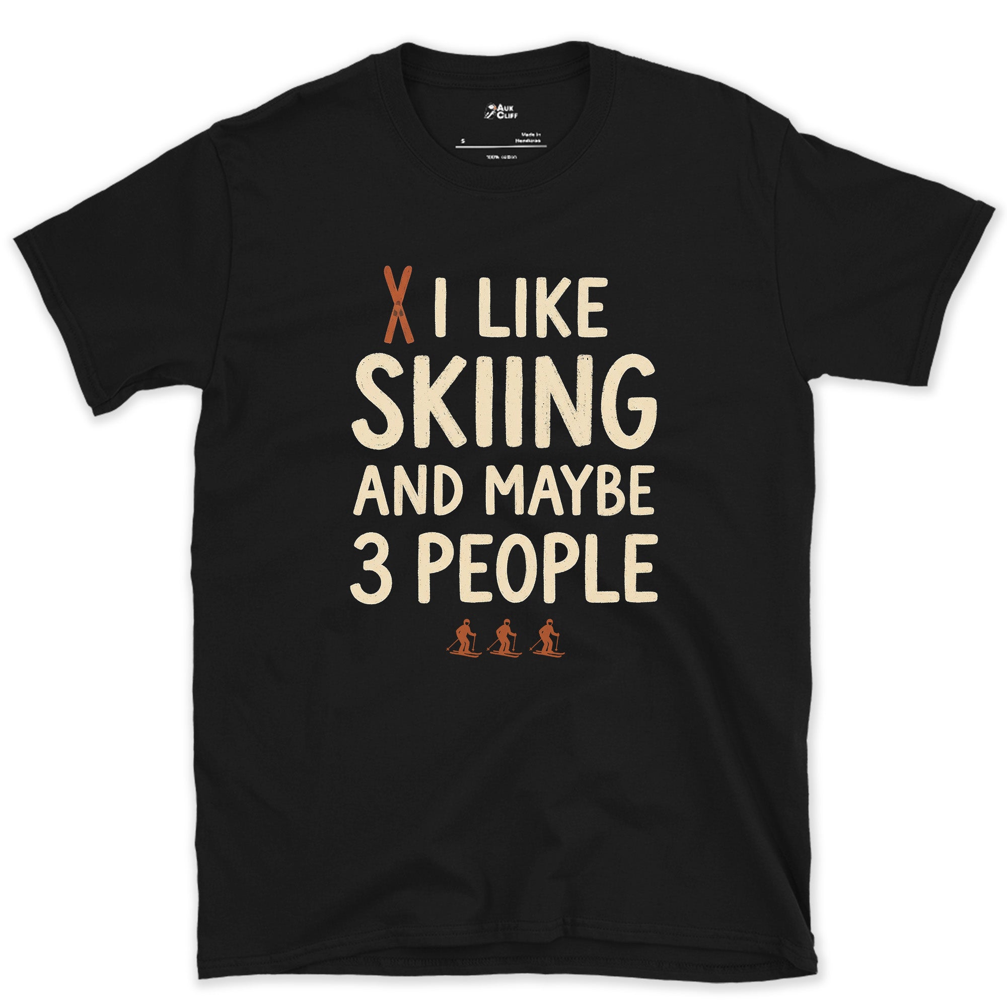 I Like Skiing and Maybe 3 People design on a Black Gildan Softstyle t-shirt