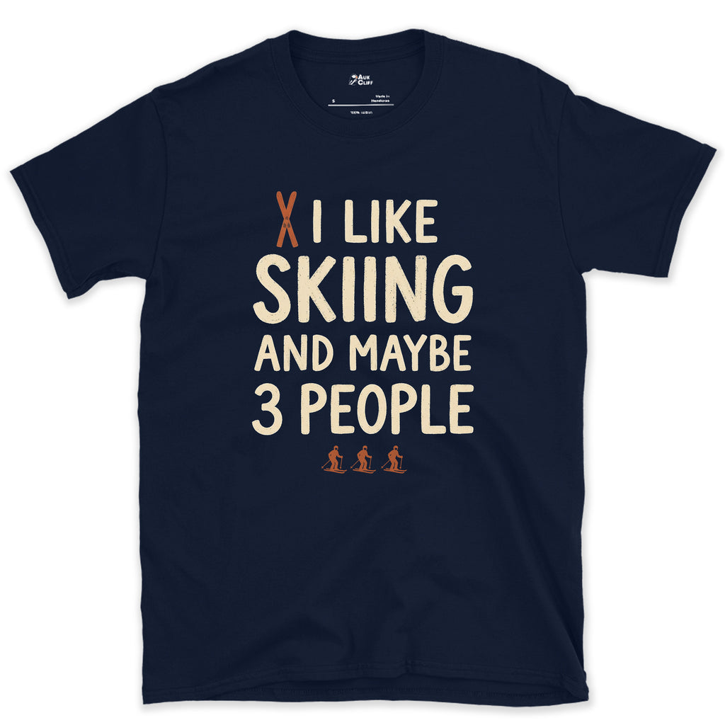 I Like Skiing and Maybe 3 People design on a Navy Gildan Softstyle t-shirt