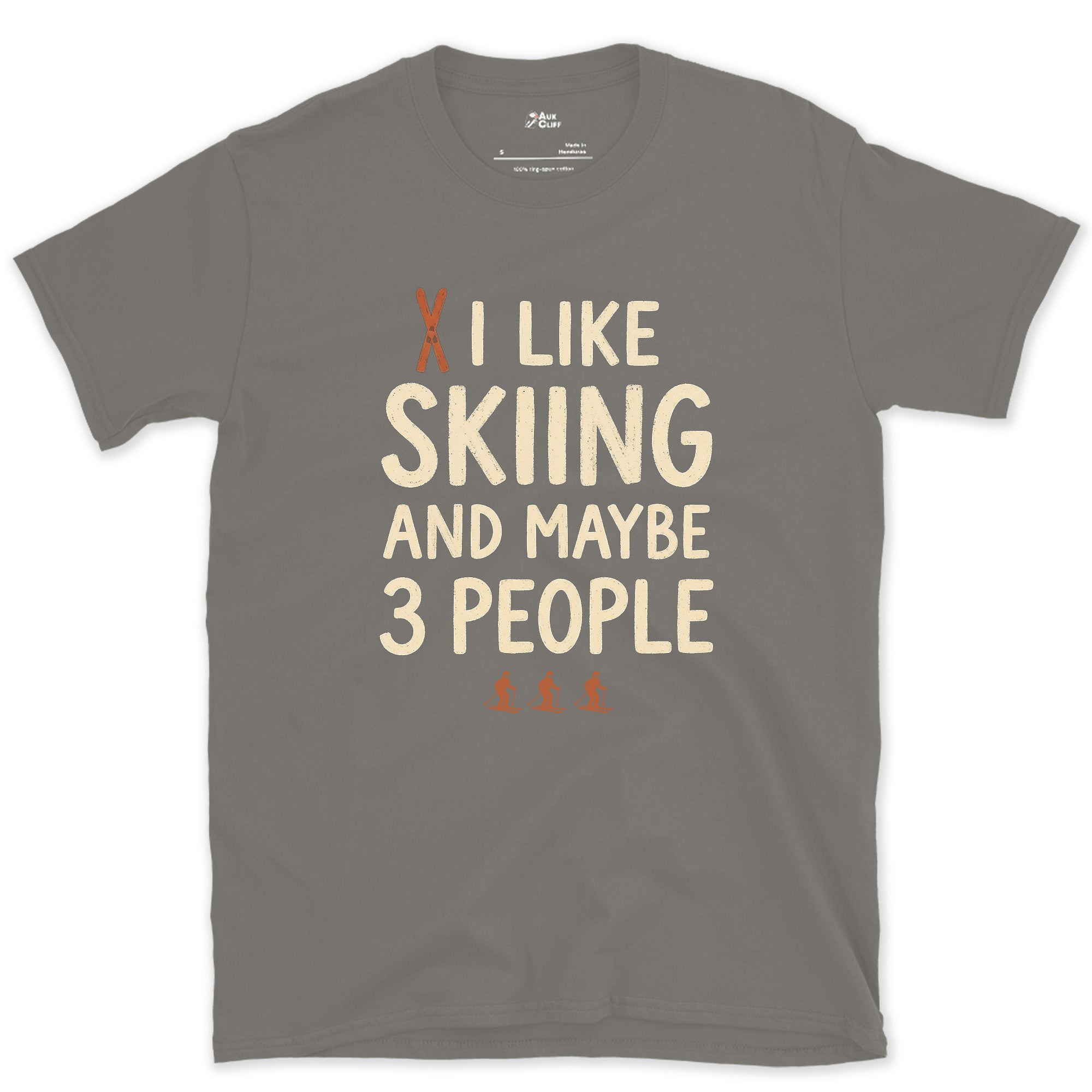 I Like Skiing and Maybe 3 People design on a Charcoal Gildan Softstyle t-shirt