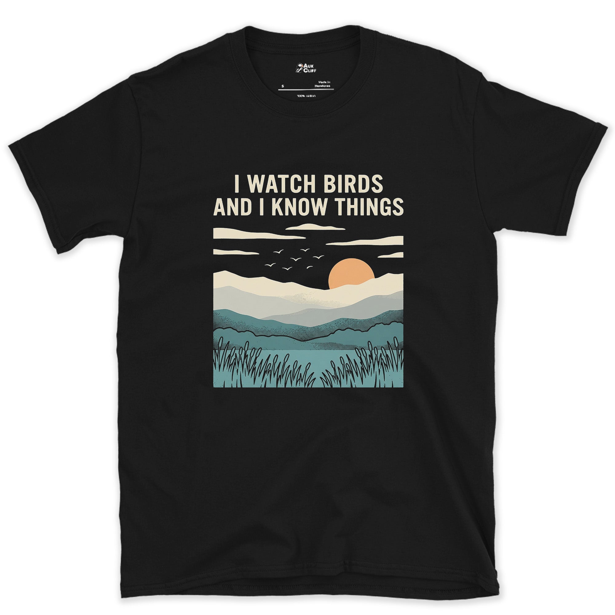 I Watch Birds and I Know Things design on a Black Gildan Softstyle t-shirt