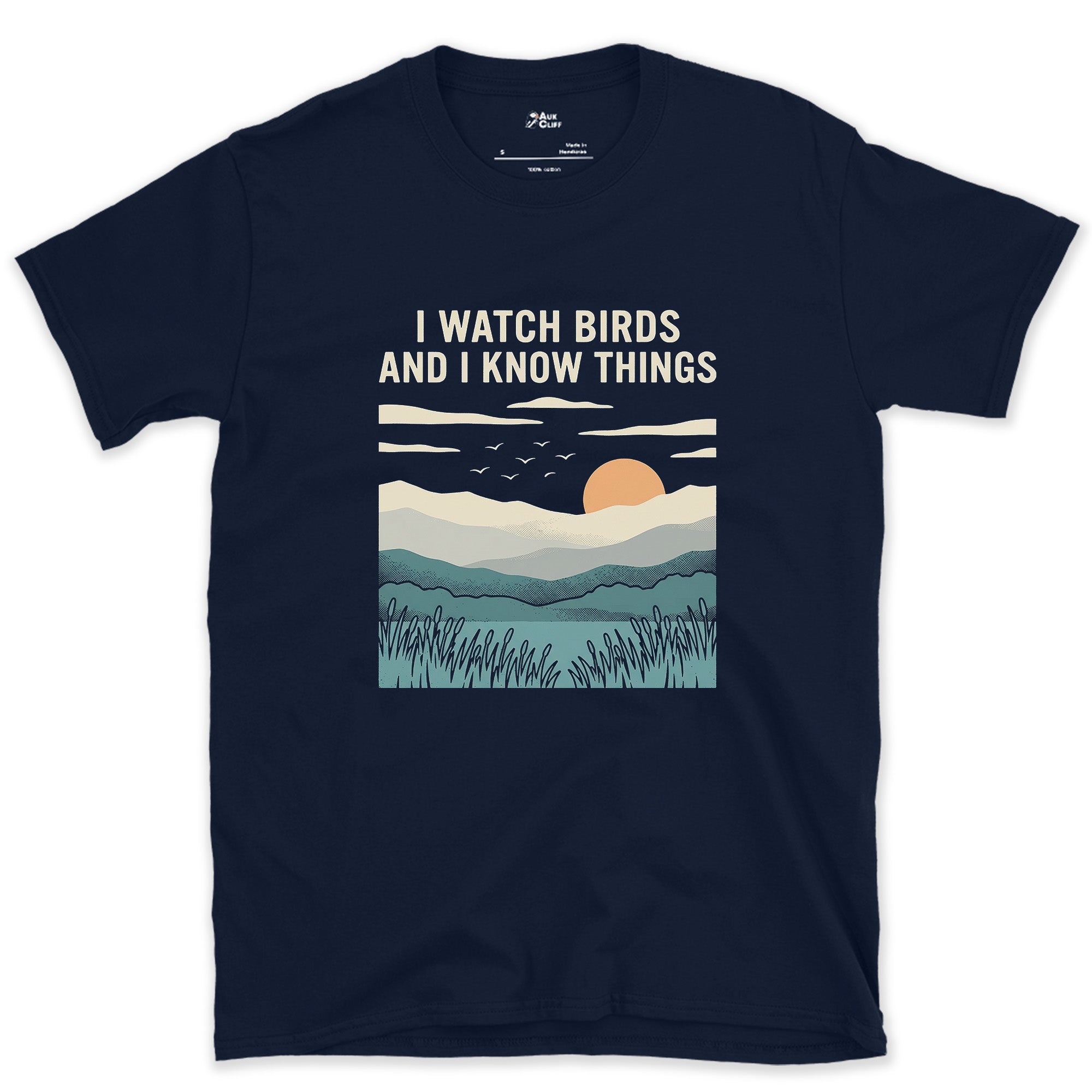 I Watch Birds and I Know Things design on a Navy Gildan Softstyle t-shirt