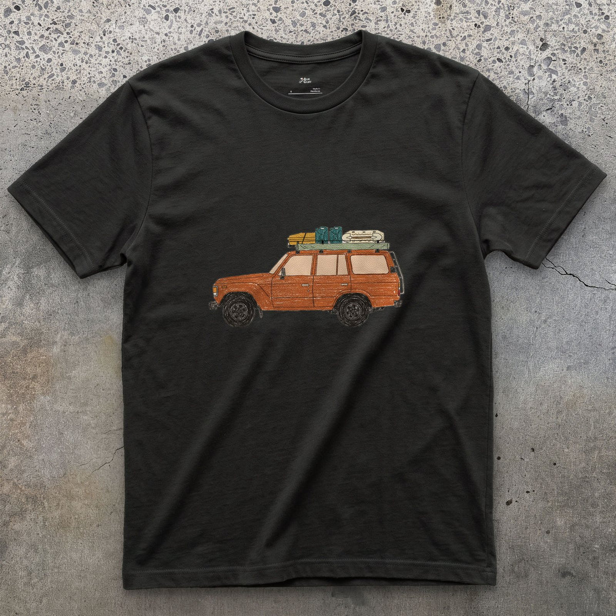 Bags and a Cooler Loaded on the Roof Rack design on a Black Gildan Softstyle t-shirt