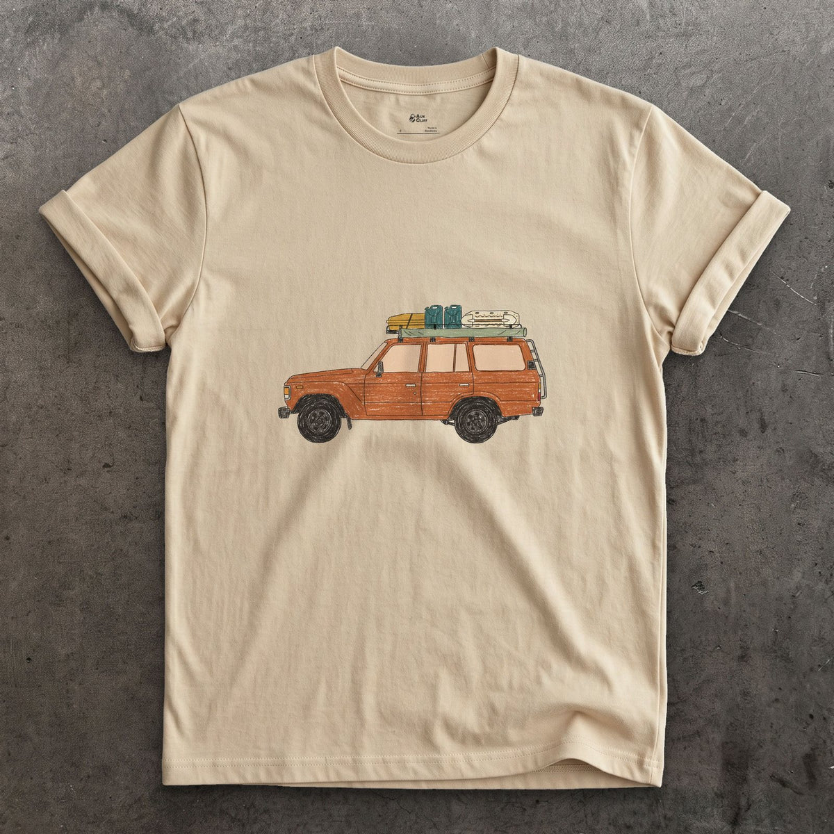 Bags and a Cooler Loaded on the Roof Rack design on a Sand Gildan Softstyle t-shirt