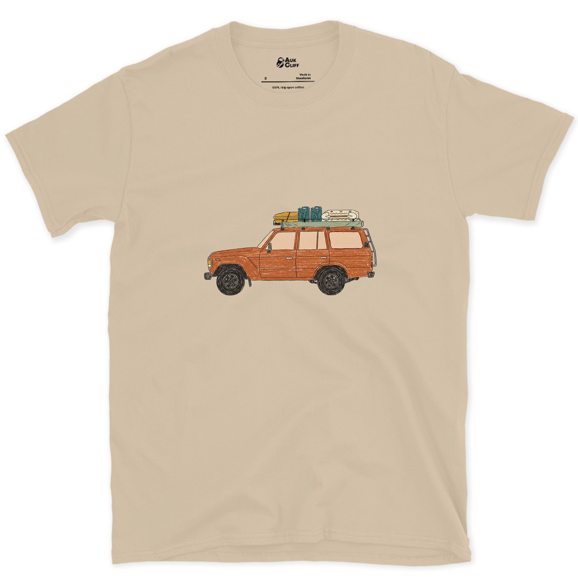 Bags and a Cooler Loaded on the Roof Rack design on a Sand Gildan Softstyle t-shirt