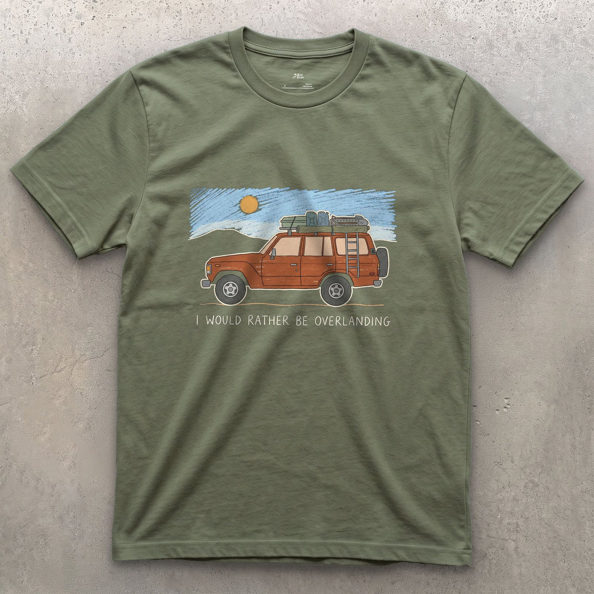 I Would Rather Be Overlanding design on a Military Green Gildan Softstyle t-shirt