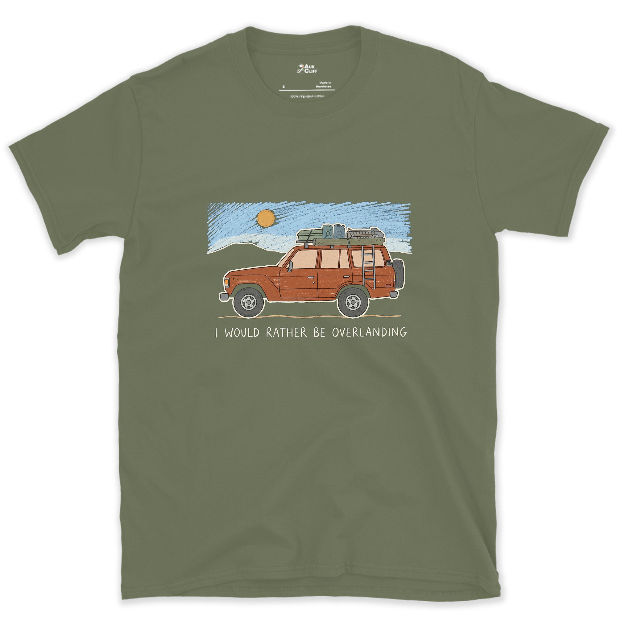 I Would Rather Be Overlanding design on a Military Green Gildan Softstyle t-shirt