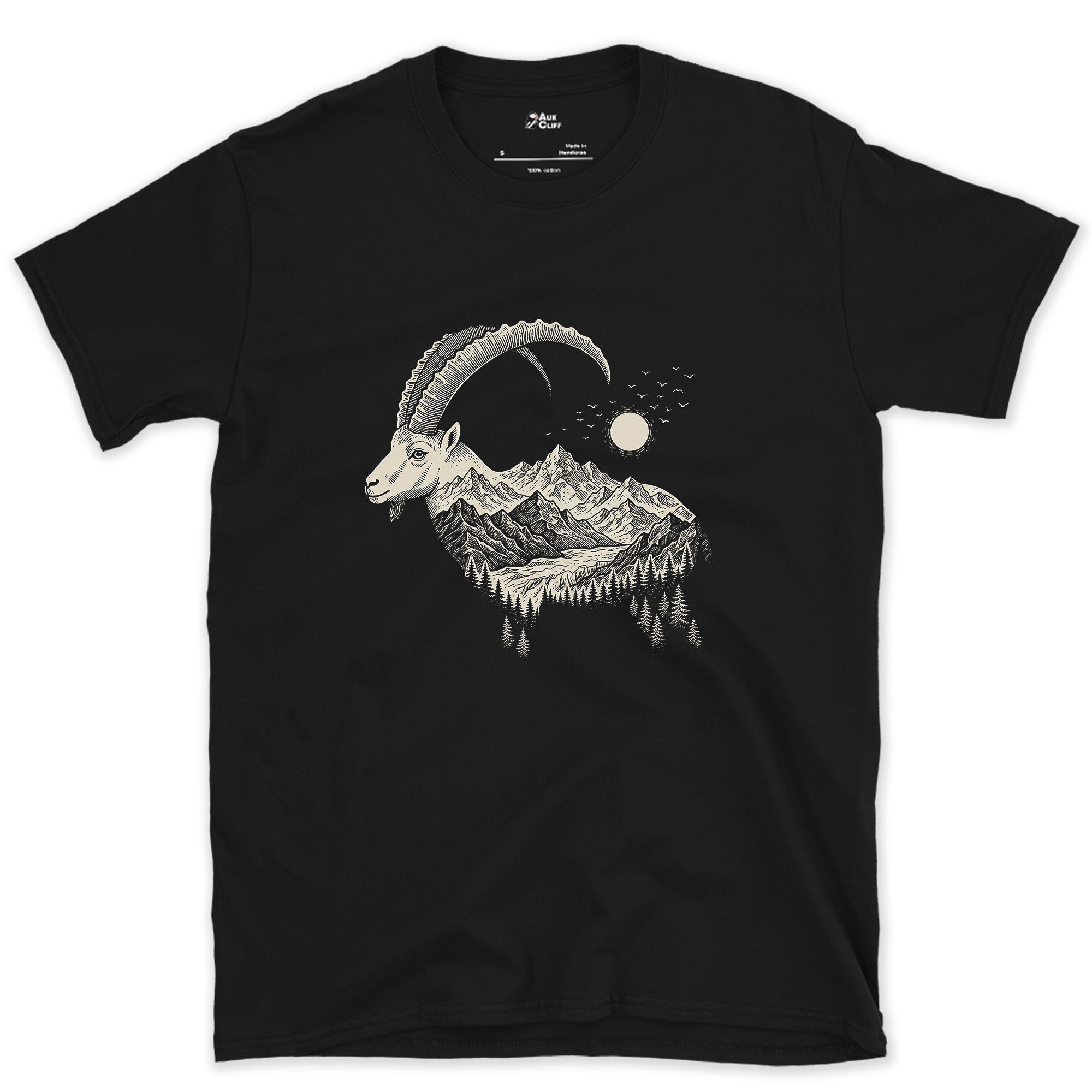 The Ibex Carrying the Whole Range design on a Black Gildan Softstyle t-shirt