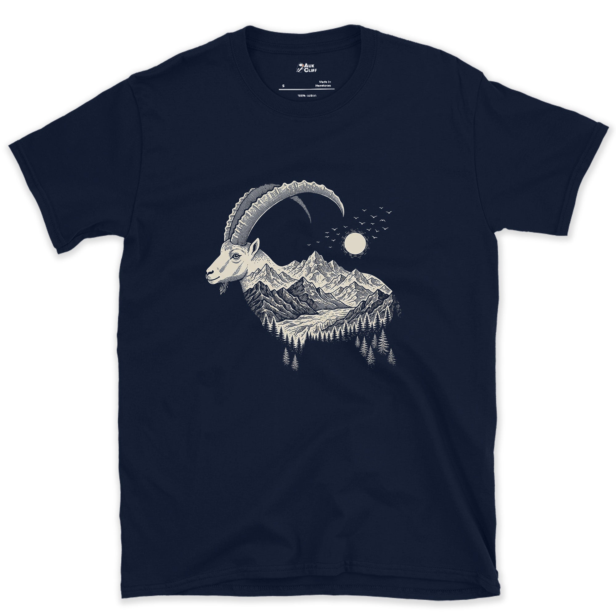 The Ibex Carrying the Whole Range design on a Navy Gildan Softstyle t-shirt