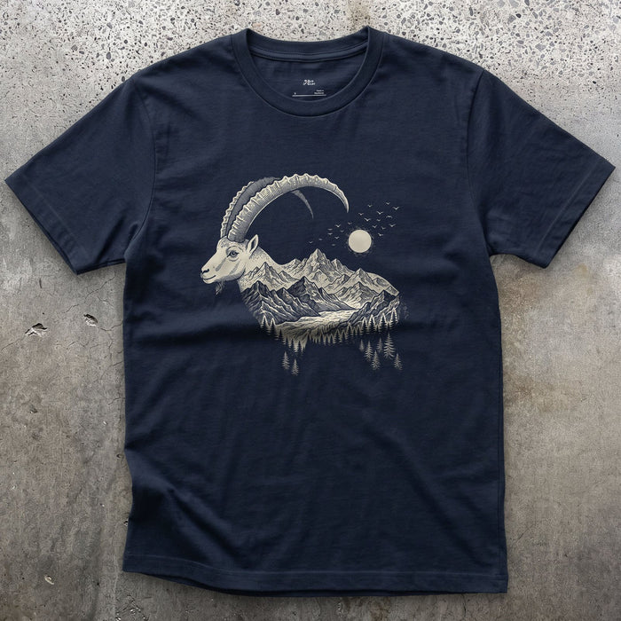 The Ibex Carrying the Whole Range design on a Navy Gildan Softstyle t-shirt