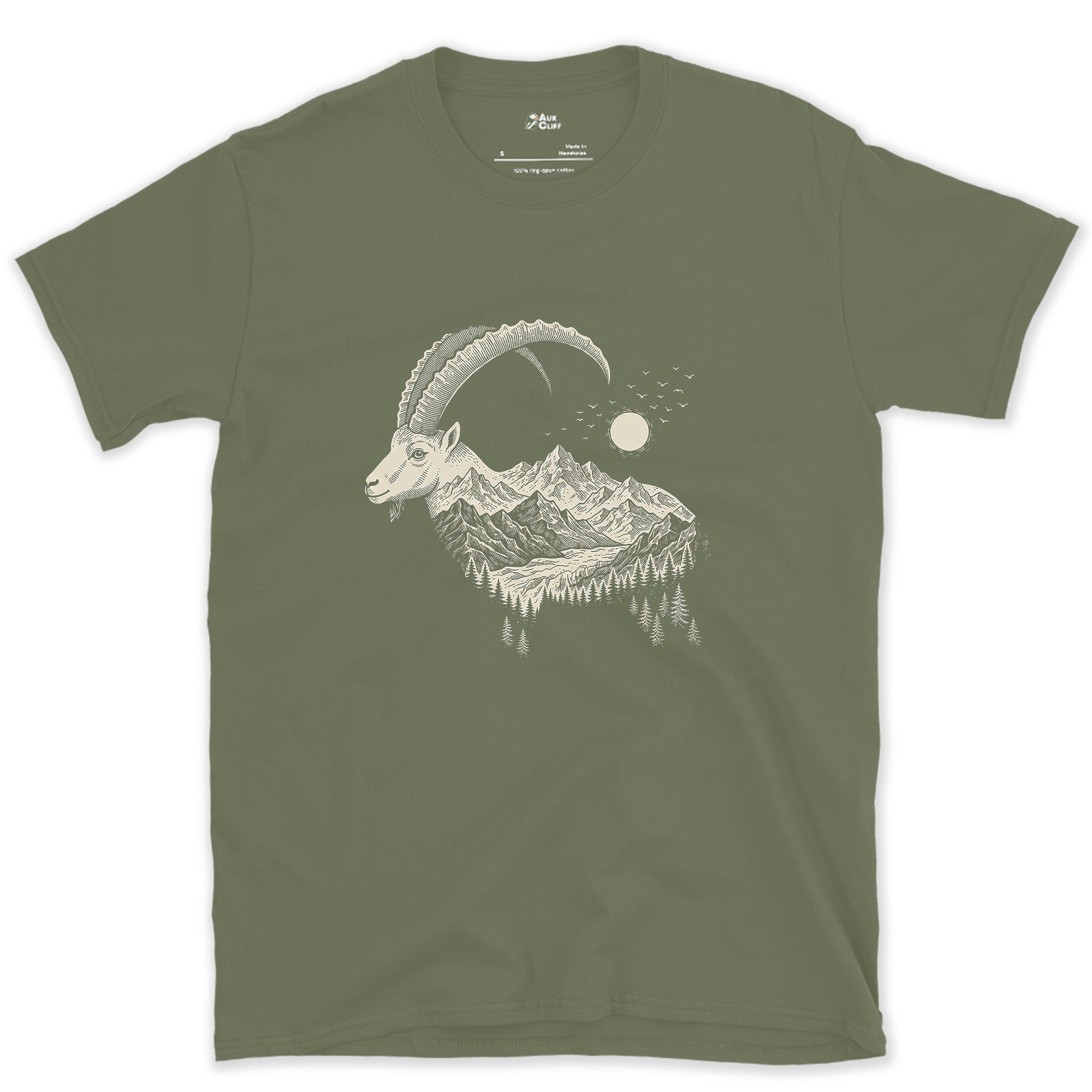 The Ibex Carrying the Whole Range design on a Military Green Gildan Softstyle t-shirt