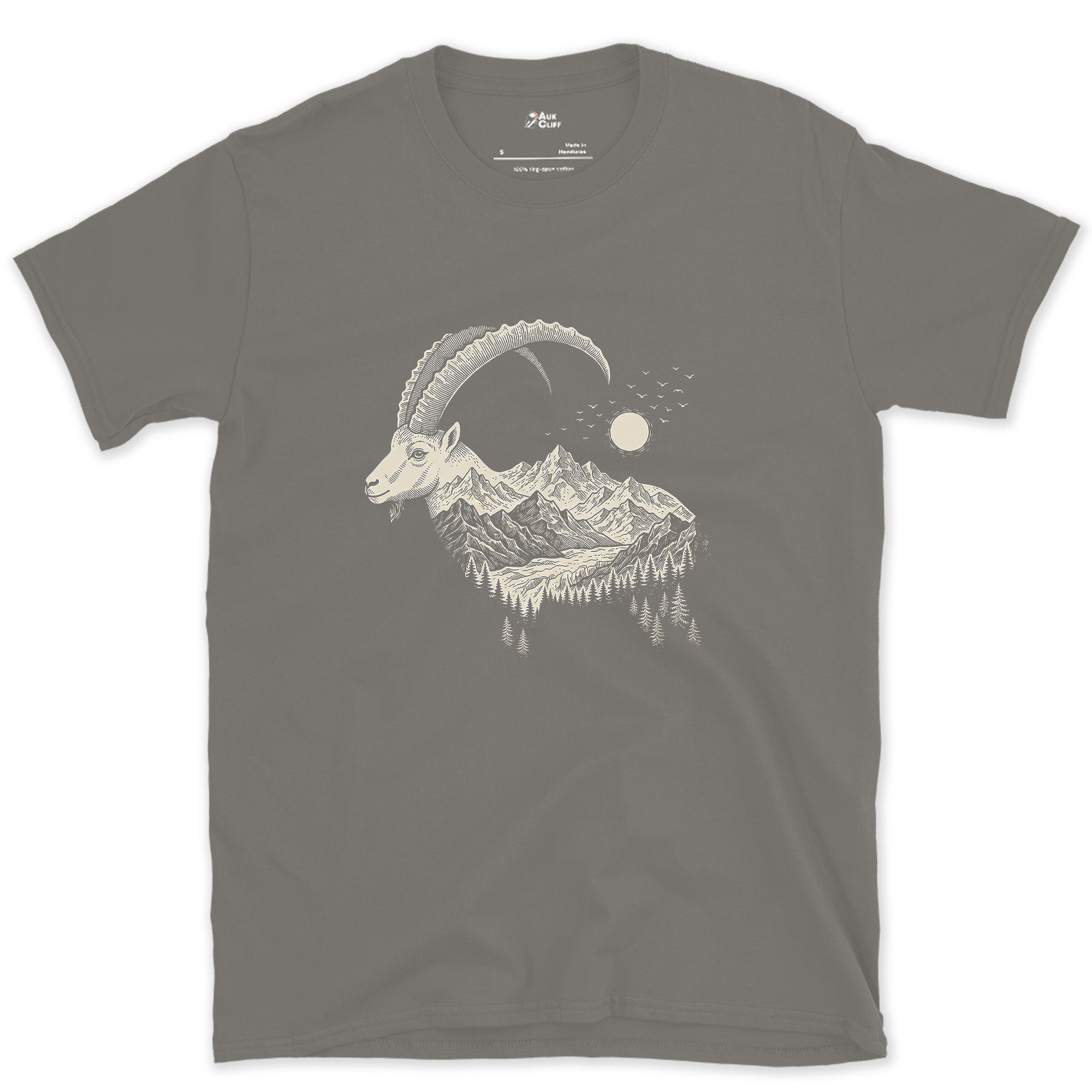 The Ibex Carrying the Whole Range design on a Charcoal Gildan Softstyle t-shirt