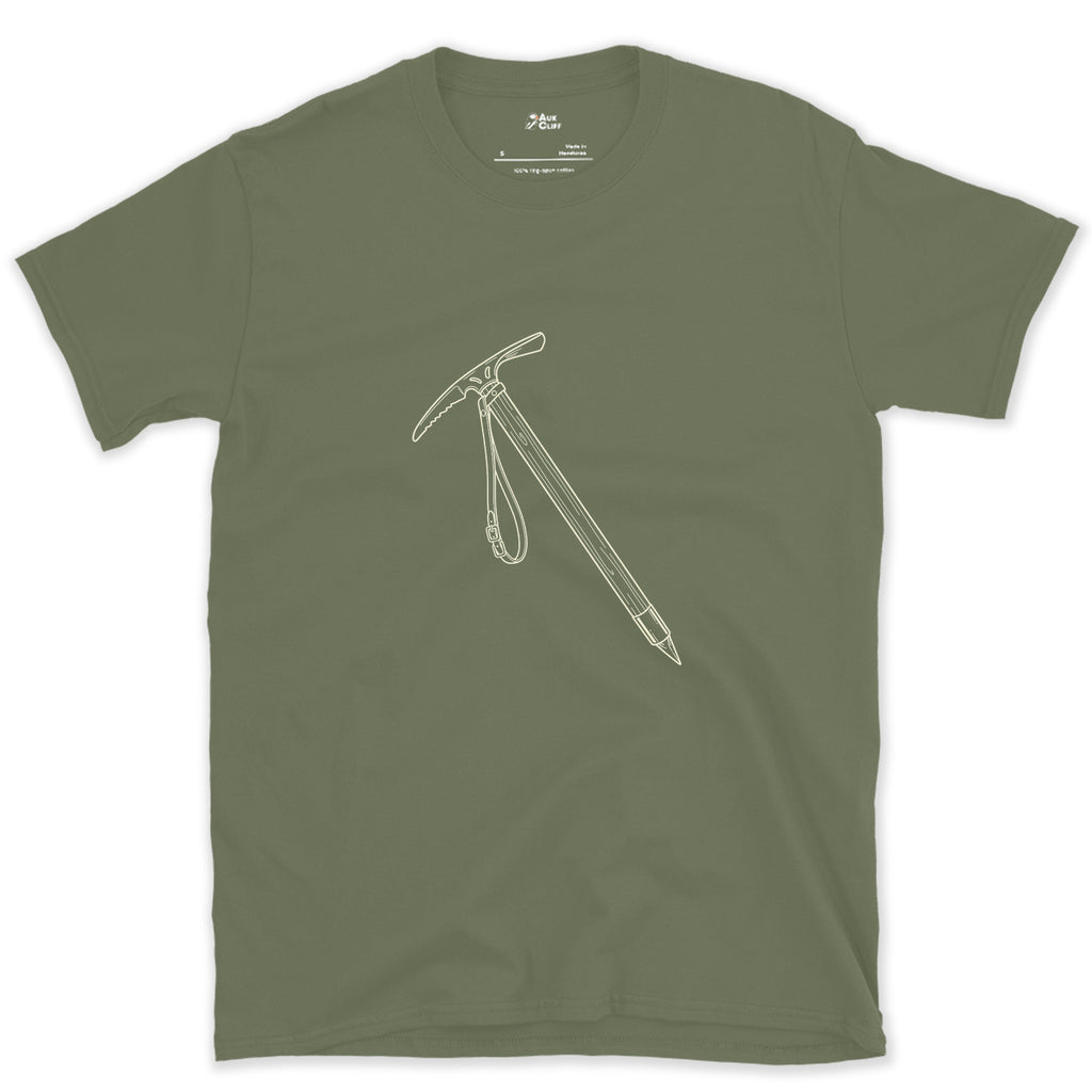 This Ice Axe Goes Everywhere the Rope Does design on a Military Green Gildan Softstyle t-shirt