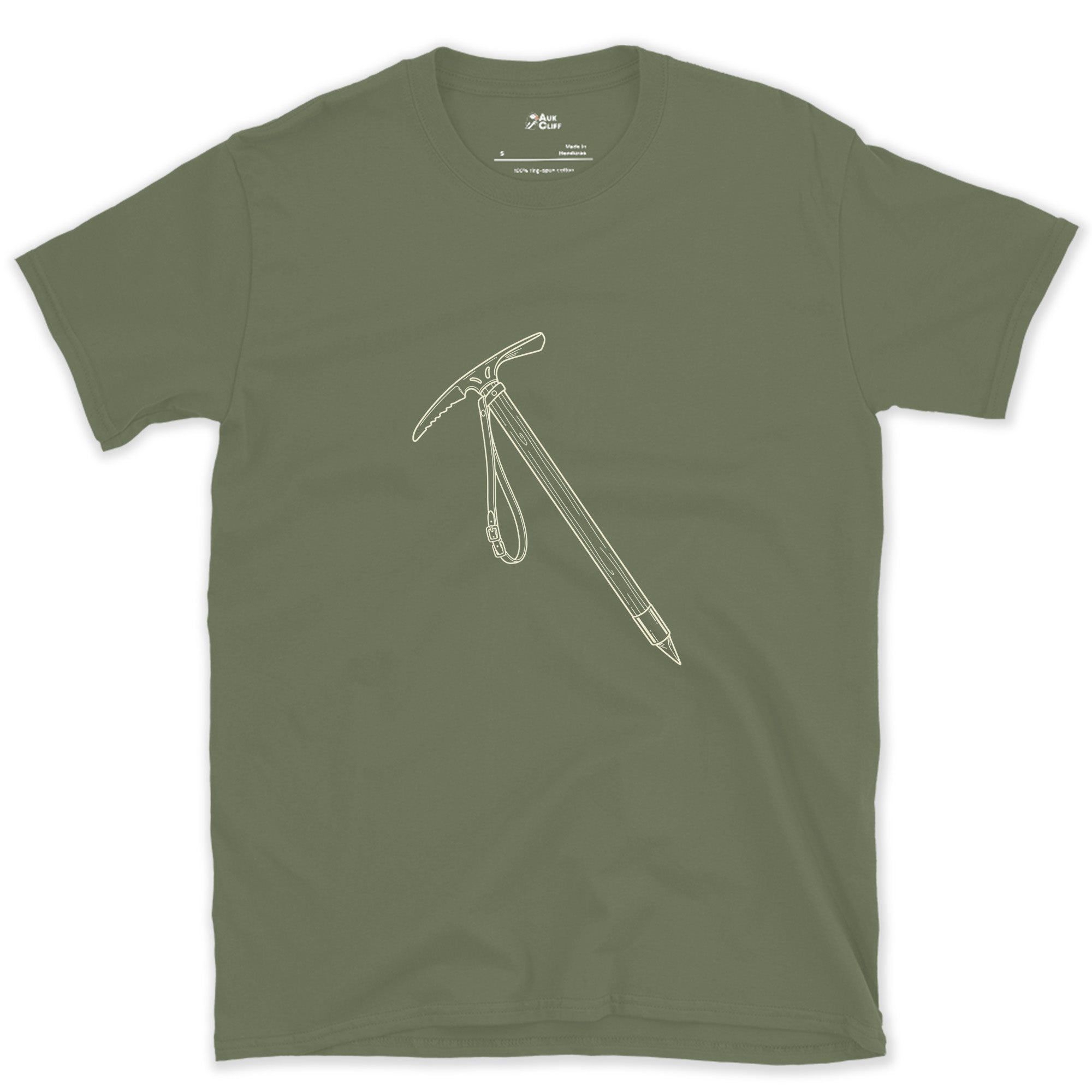 This Ice Axe Goes Everywhere the Rope Does design on a Military Green Gildan Softstyle t-shirt