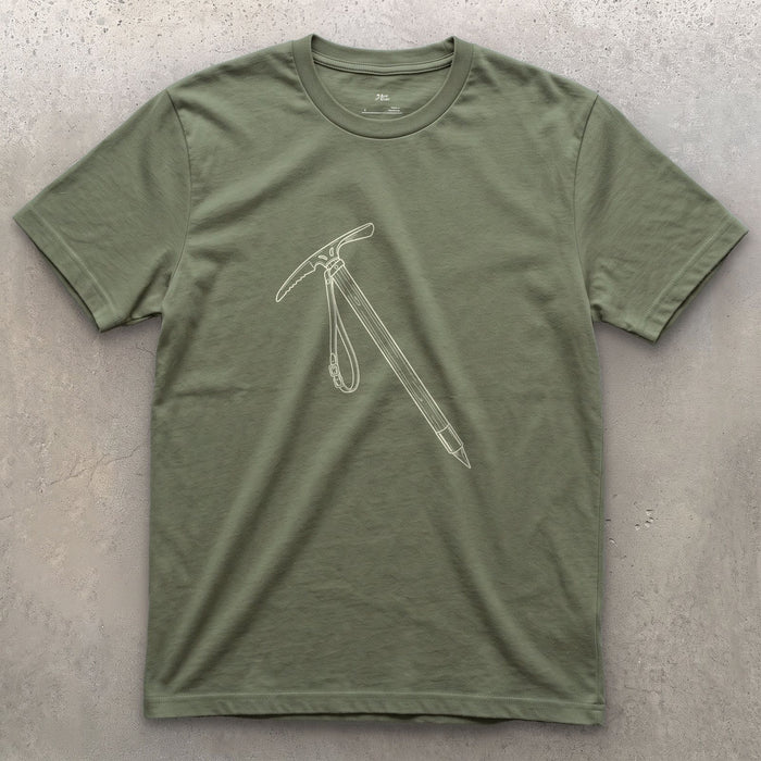 This Ice Axe Goes Everywhere the Rope Does design on a Military Green Gildan Softstyle t-shirt