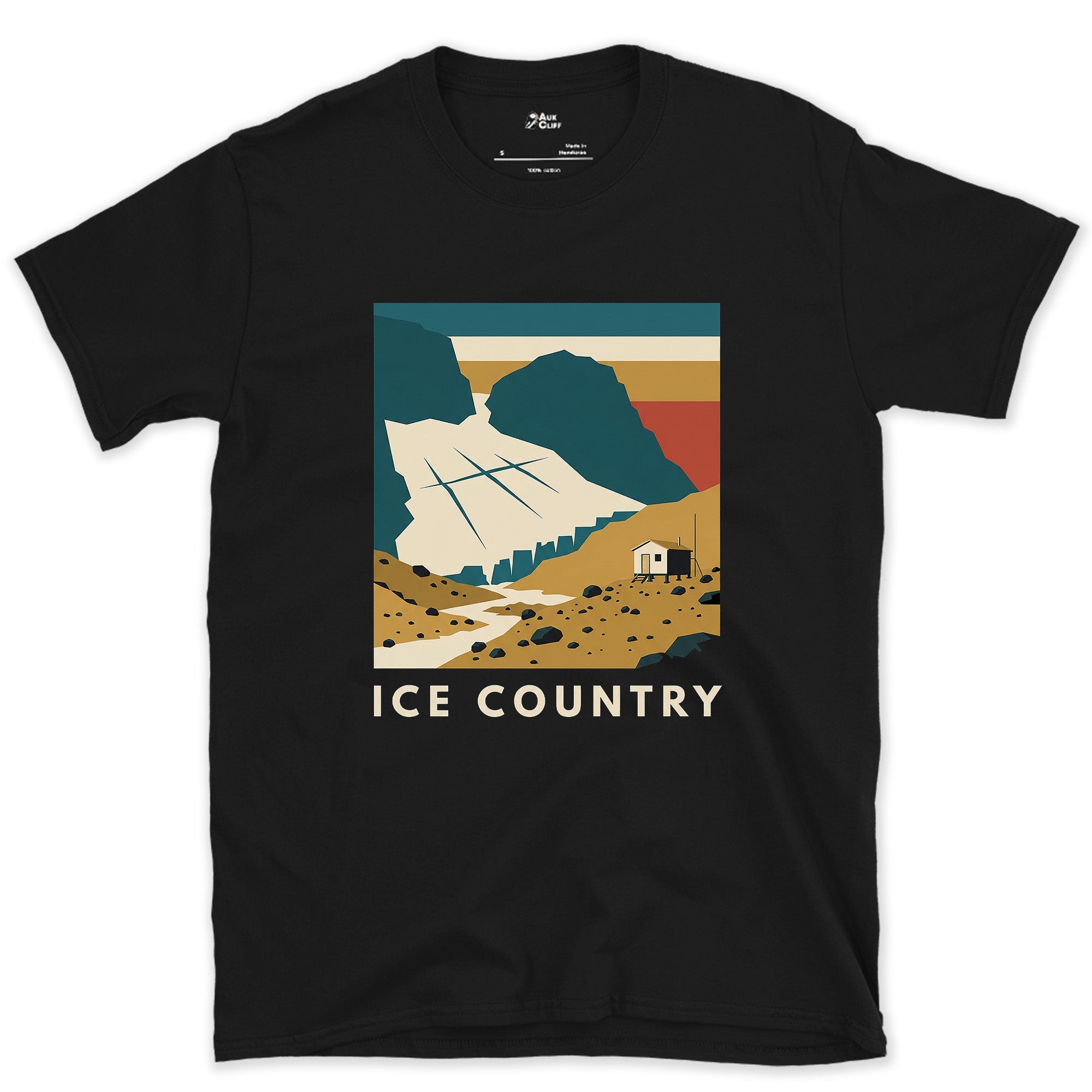 Ice Country, Glacier Meltwater Stream design on a Black Gildan Softstyle t-shirt