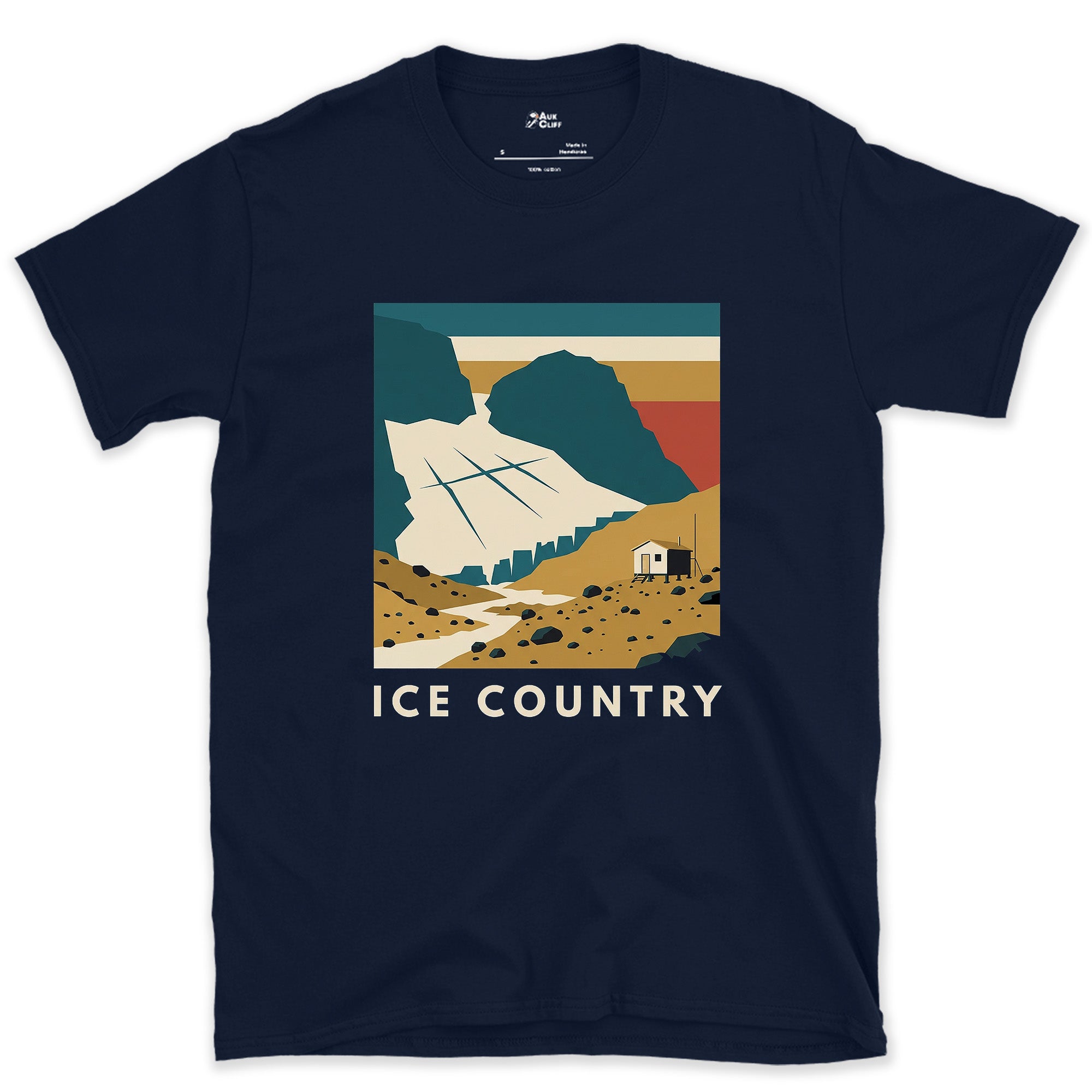 Ice Country, Glacier Meltwater Stream design on a Navy Gildan Softstyle t-shirt