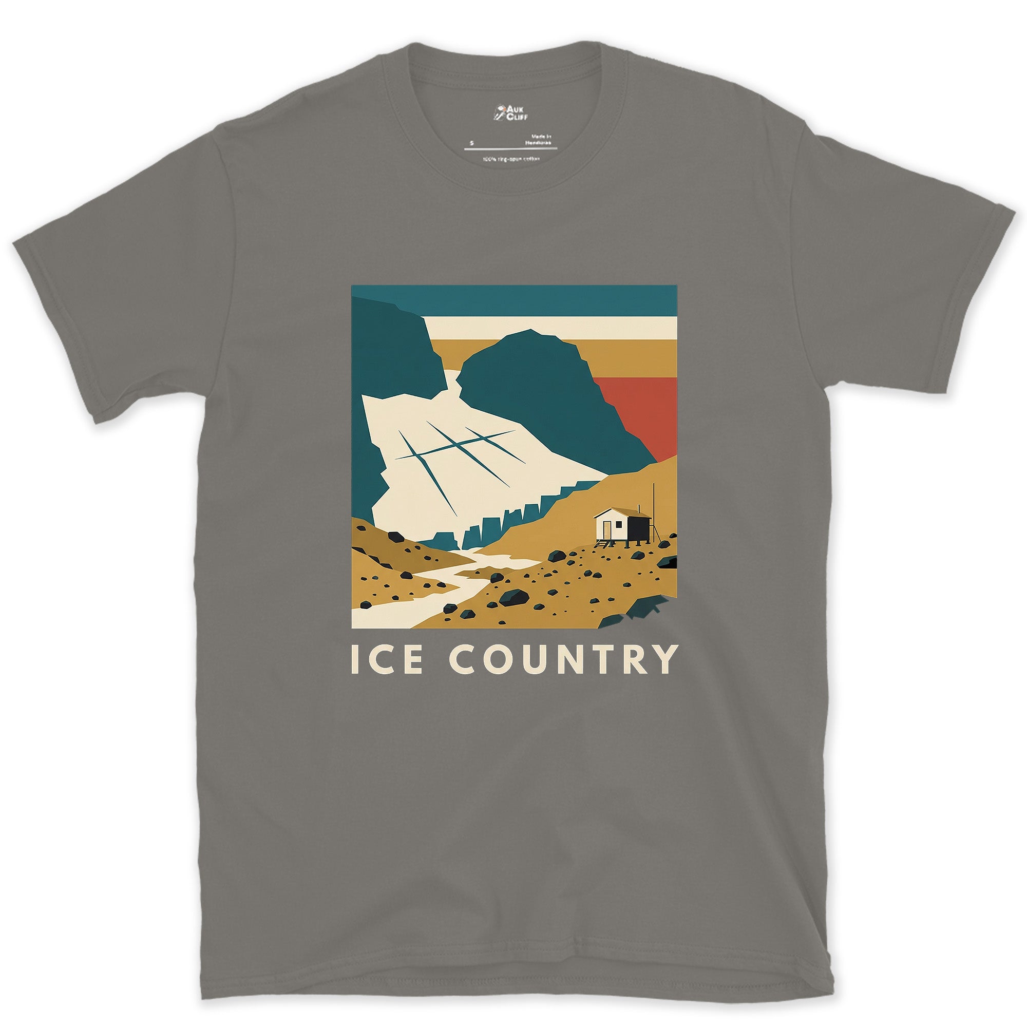 Ice Country, Glacier Meltwater Stream design on a Charcoal Gildan Softstyle t-shirt