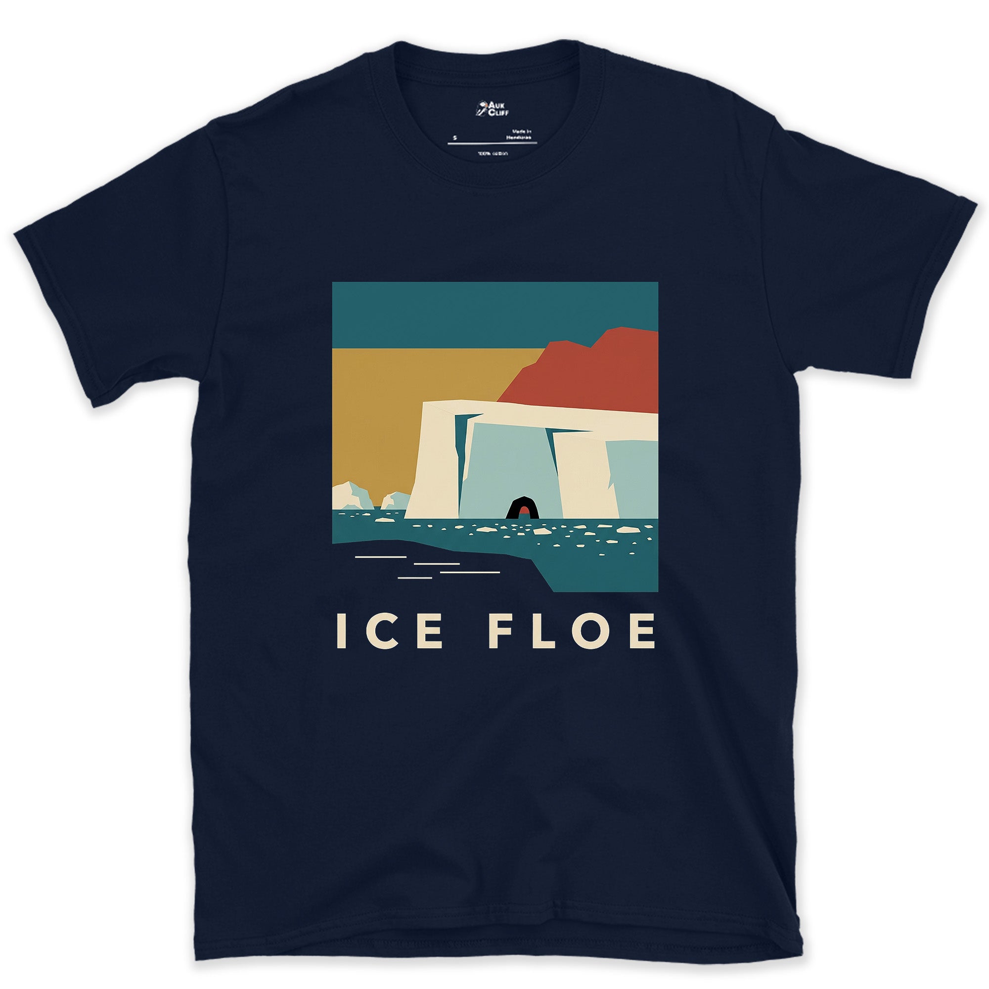Ice Floe, Glacier Iceberg With a Carved Cave design on a Navy Gildan Softstyle t-shirt