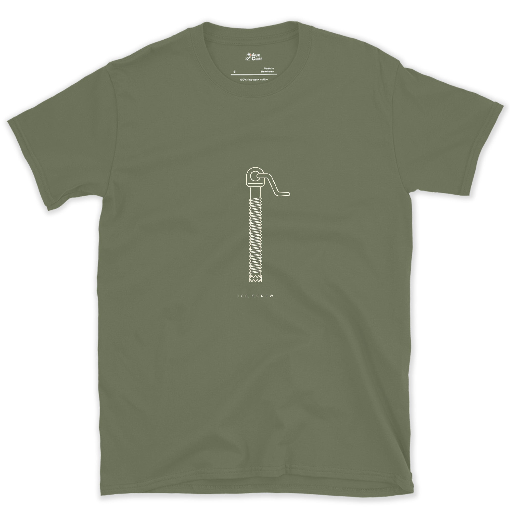 Let the Gear Speak, Ice Screw design on a Military Green Gildan Softstyle t-shirt