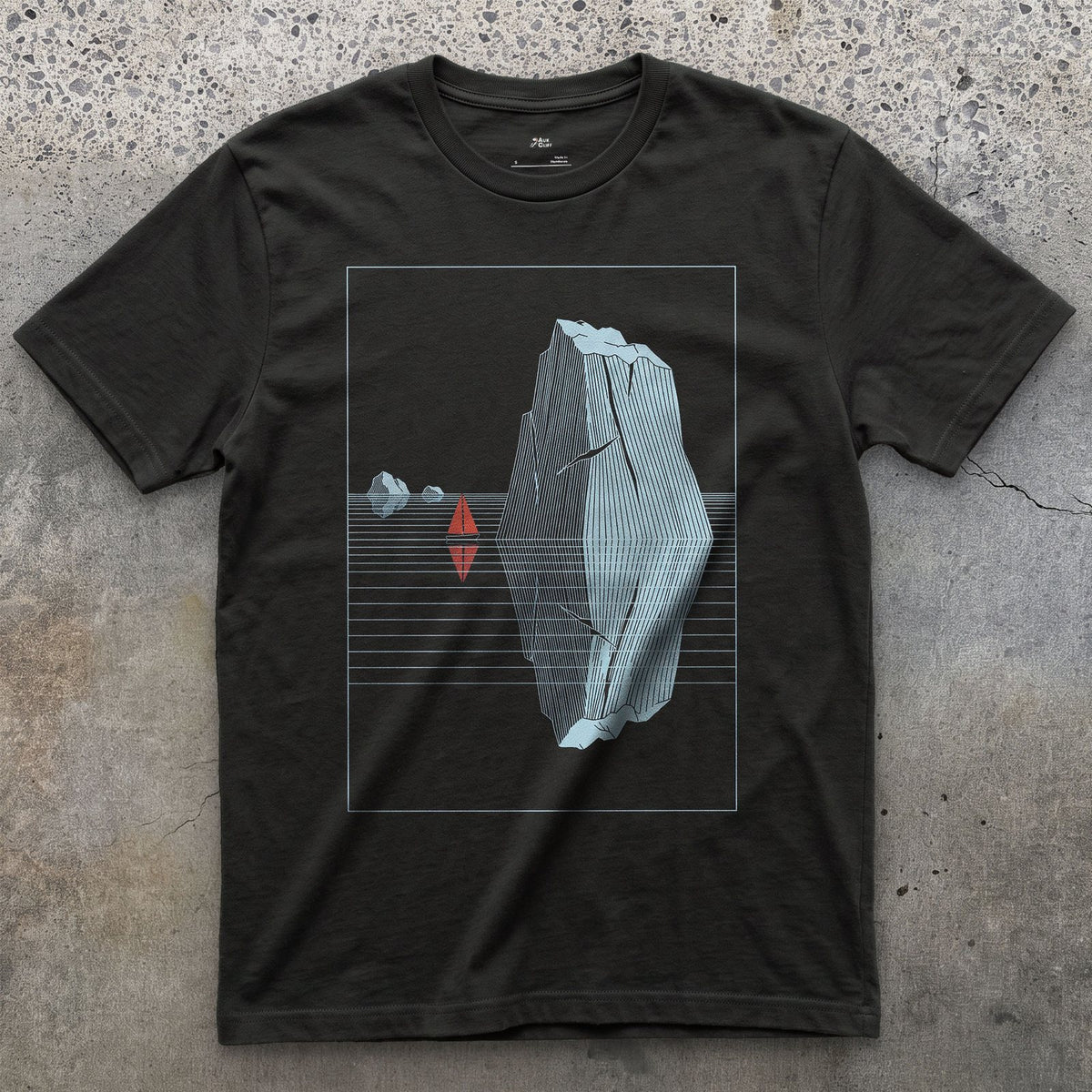 Small Boat, Glacier Iceberg Twice Its Size design on a Black Gildan Softstyle t-shirt