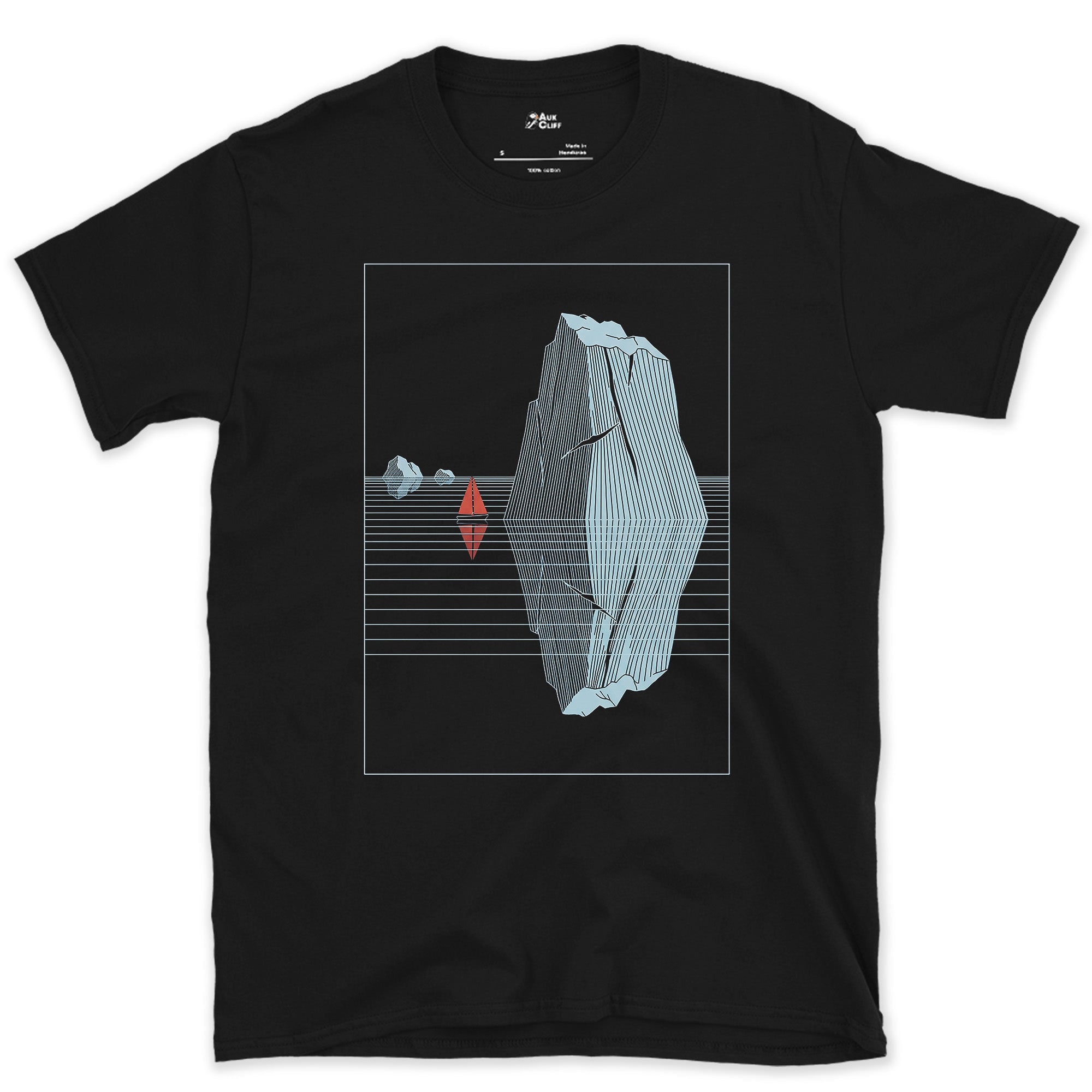 Small Boat, Glacier Iceberg Twice Its Size design on a Black Gildan Softstyle t-shirt