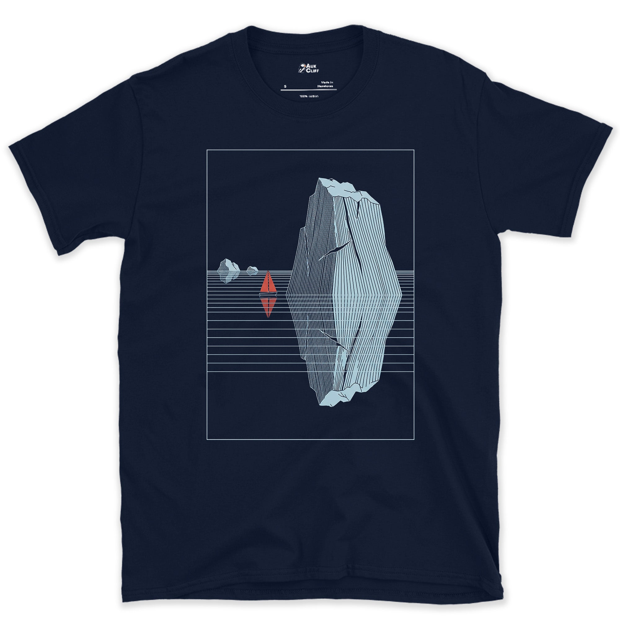 Small Boat, Glacier Iceberg Twice Its Size design on a Navy Gildan Softstyle t-shirt