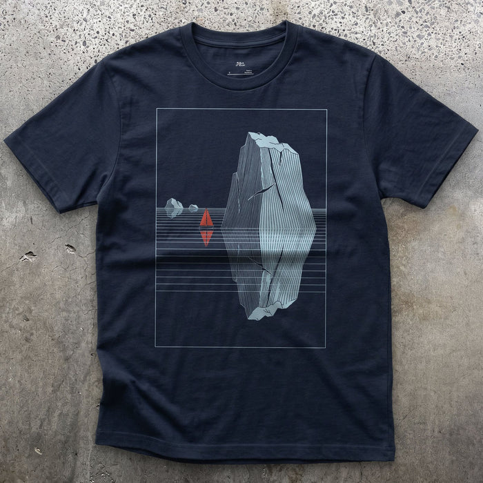 Small Boat, Glacier Iceberg Twice Its Size design on a Navy Gildan Softstyle t-shirt