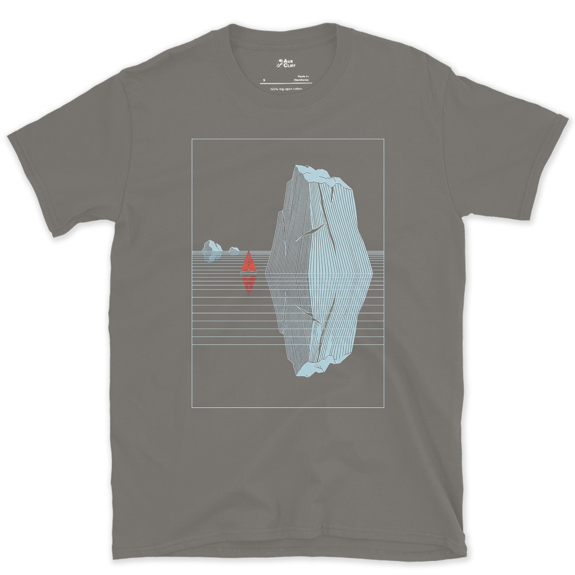 Small Boat, Glacier Iceberg Twice Its Size design on a Charcoal Gildan Softstyle t-shirt