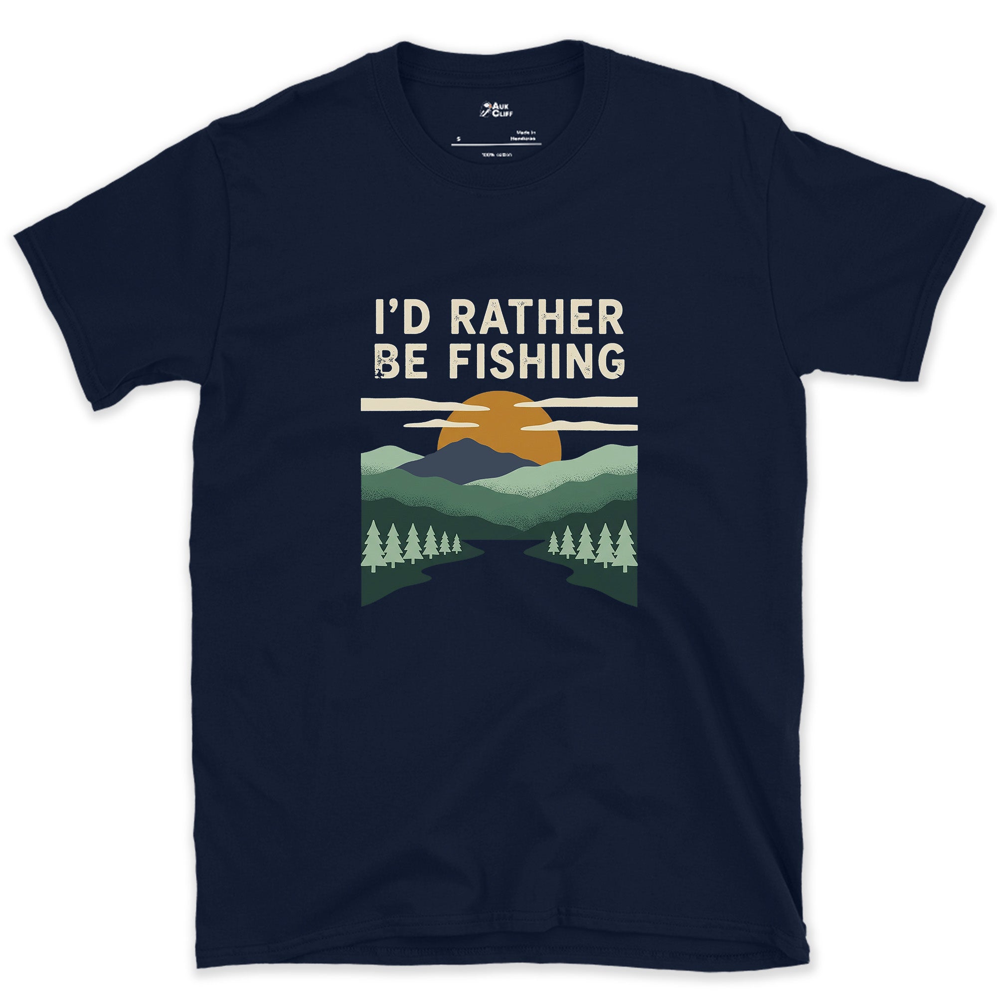 I'd Rather Be Fishing, Mountain and Sun design on a Navy Gildan Softstyle t-shirt