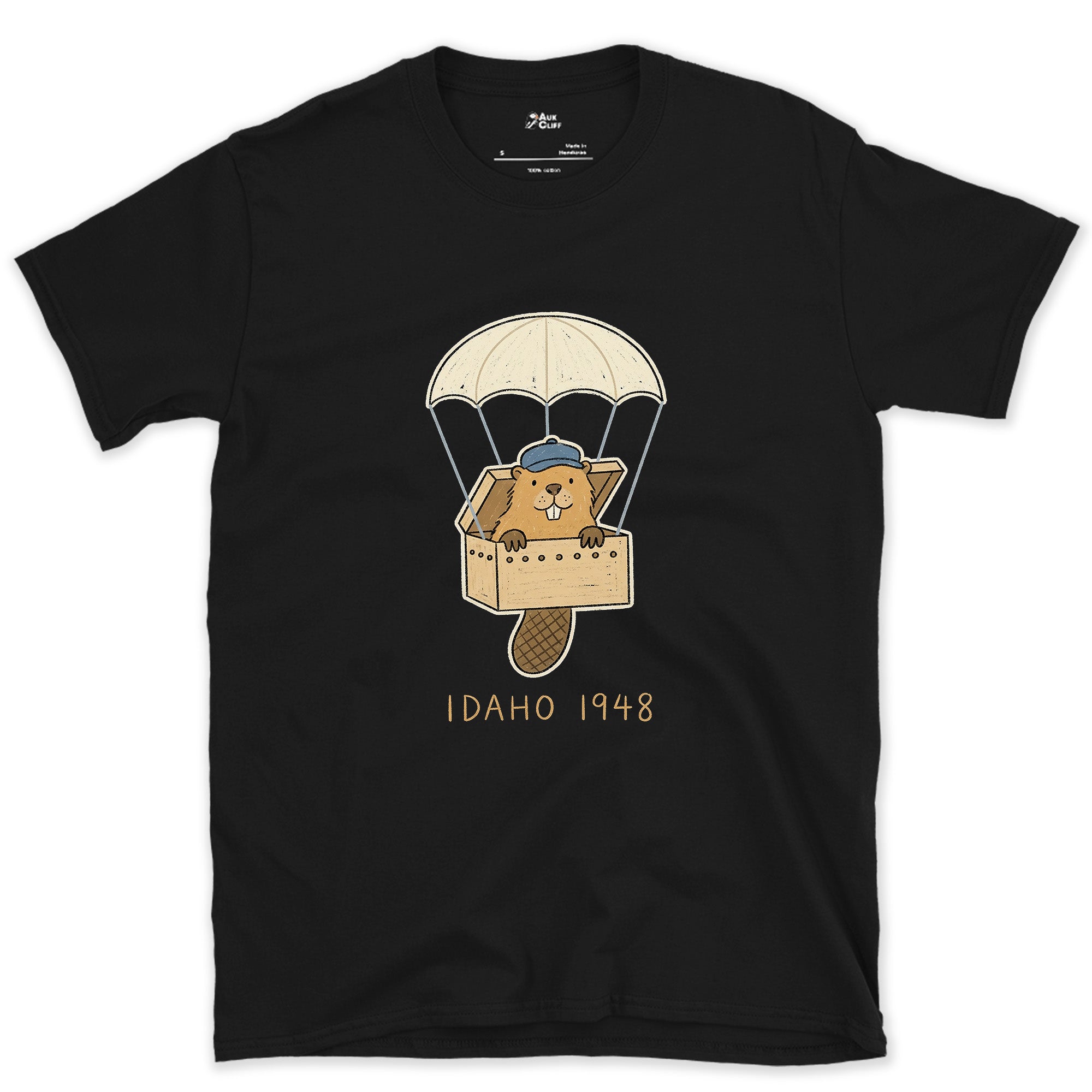 Idaho 1948, Beaver Airdrop Into the Wild design on a Black Gildan Softstyle t-shirt
