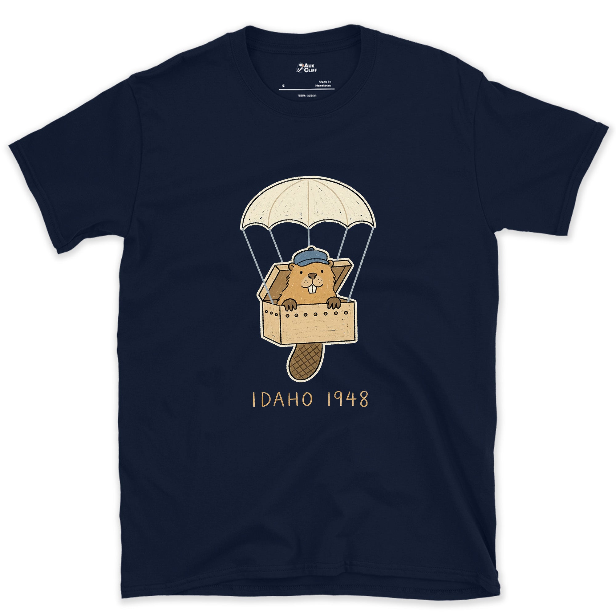 Idaho 1948, Beaver Airdrop Into the Wild design on a Navy Gildan Softstyle t-shirt