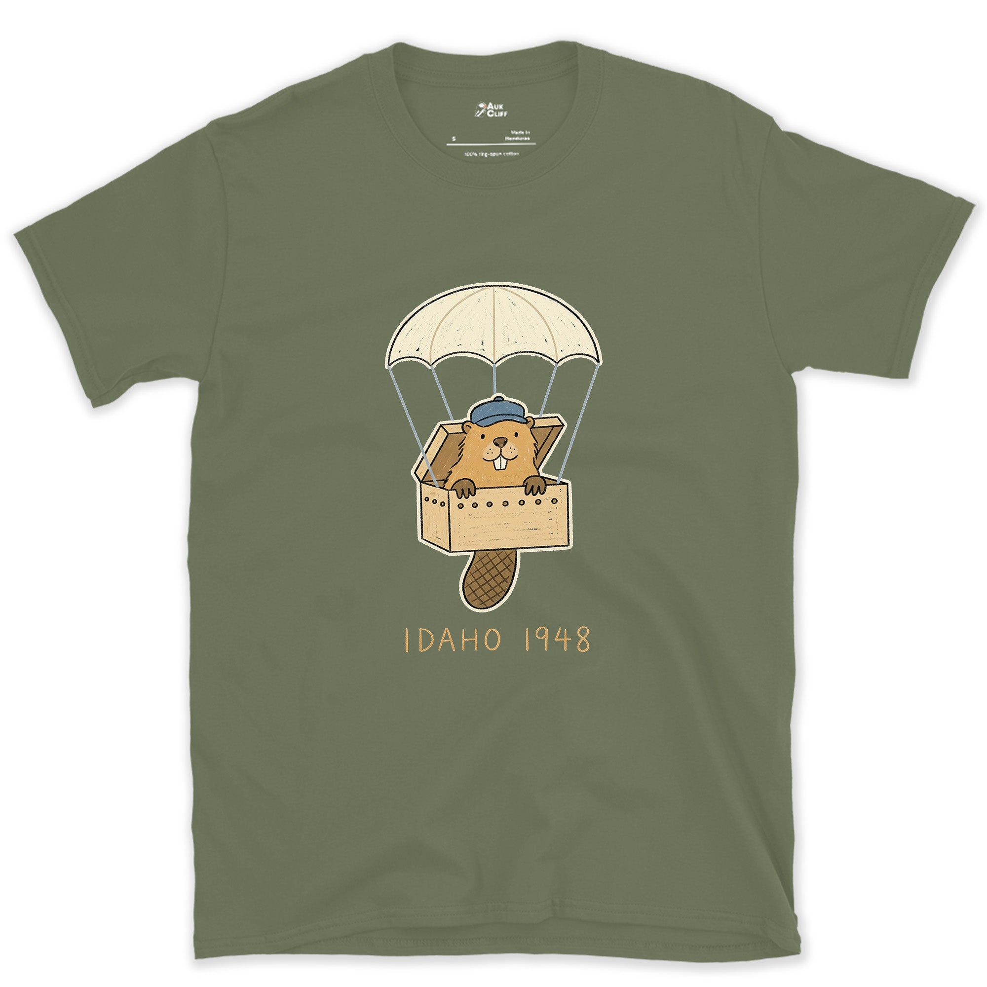 Idaho 1948, Beaver Airdrop Into the Wild design on a Military Green Gildan Softstyle t-shirt