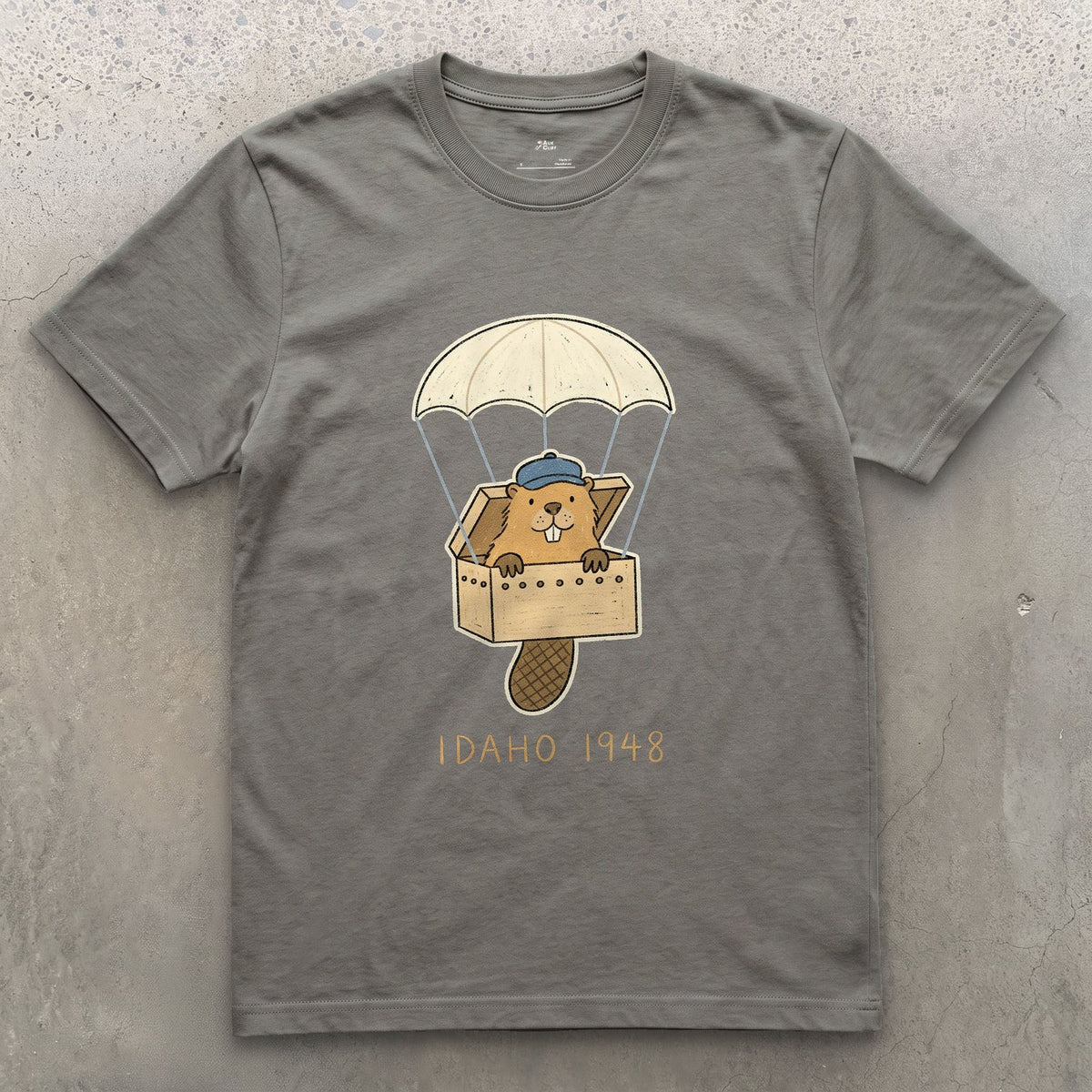 Idaho 1948, Beaver Airdrop Into the Wild design on a Charcoal Gildan Softstyle t-shirt