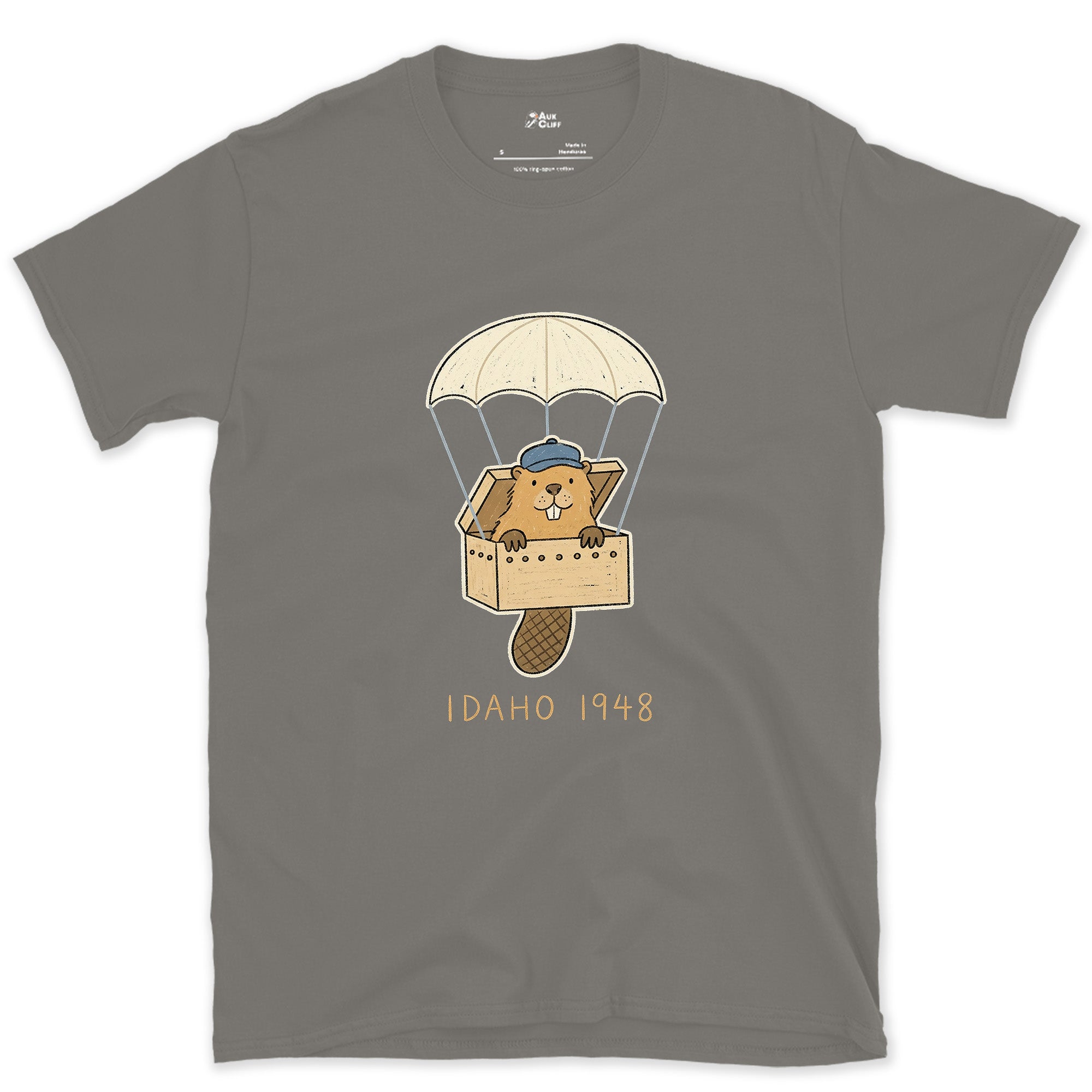 Idaho 1948, Beaver Airdrop Into the Wild design on a Charcoal Gildan Softstyle t-shirt