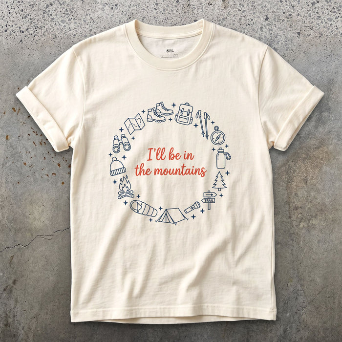 I'll Be in the Mountains design on a Natural Gildan Softstyle t-shirt