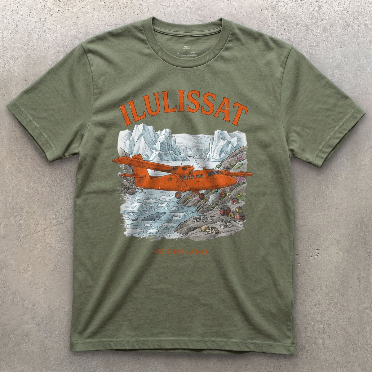 Ilulissat Bush Plane design on a Military Green Gildan Softstyle t-shirt