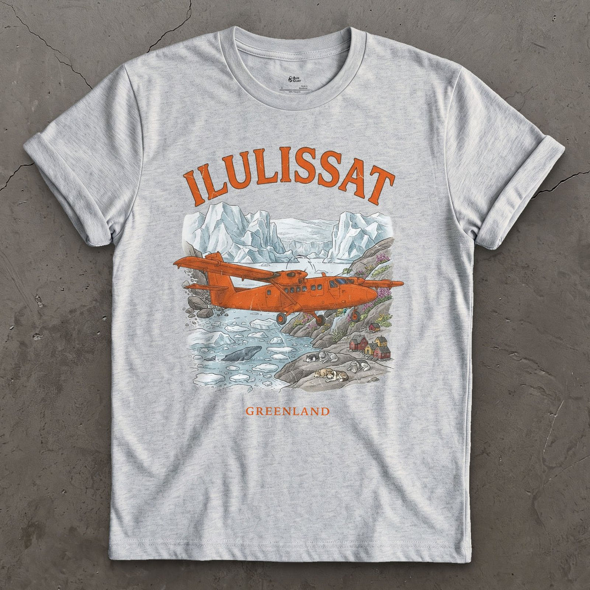 Ilulissat Bush Plane design on a Sport Grey Gildan Softstyle t-shirt