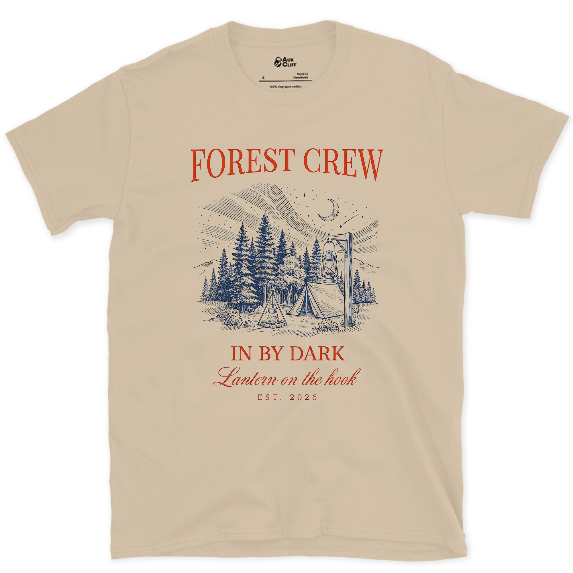 In by Dark, Forest Crew design on a Sand Gildan Softstyle t-shirt