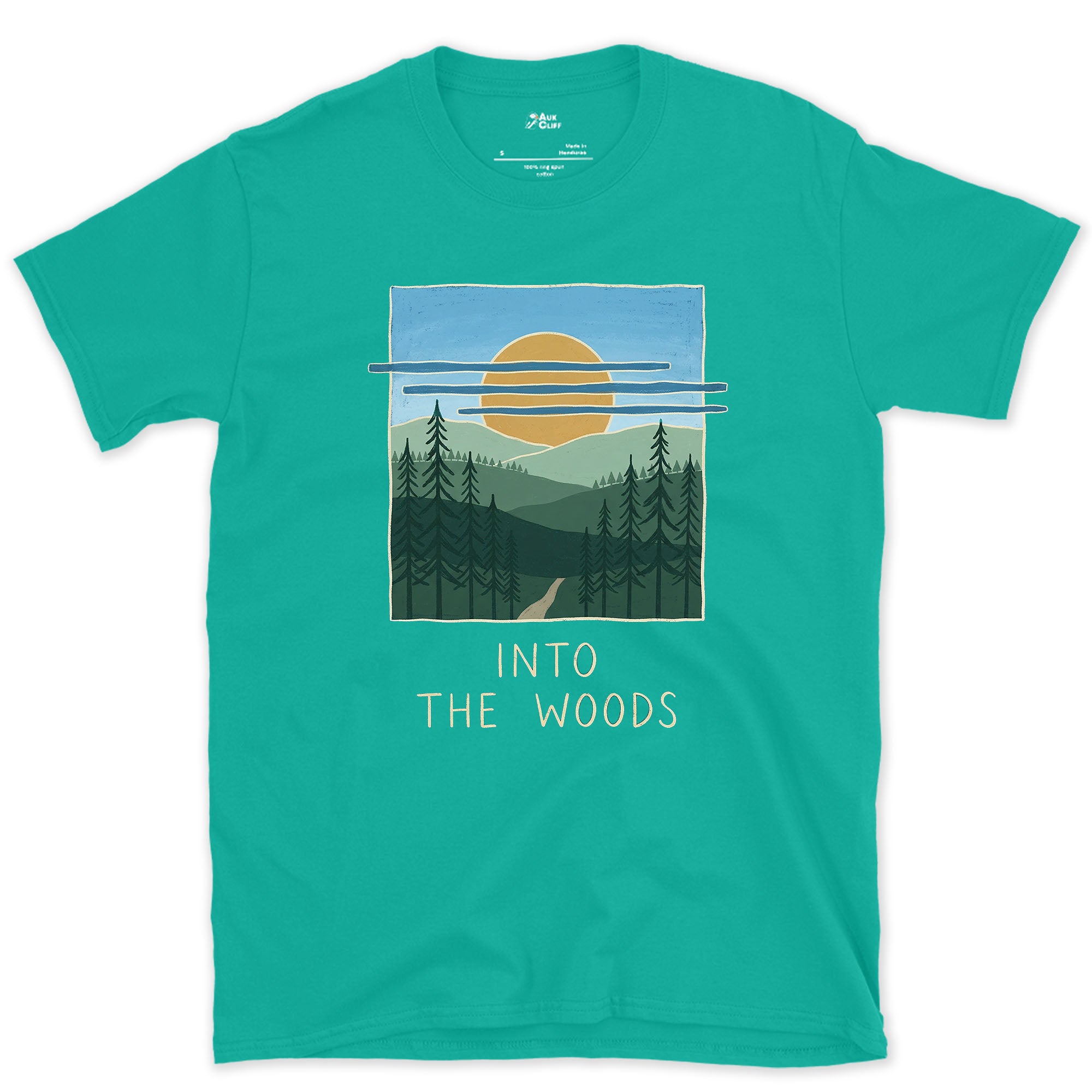 Into the Woods With Sun and a Bird design on a Jade Dome Gildan Softstyle t-shirt