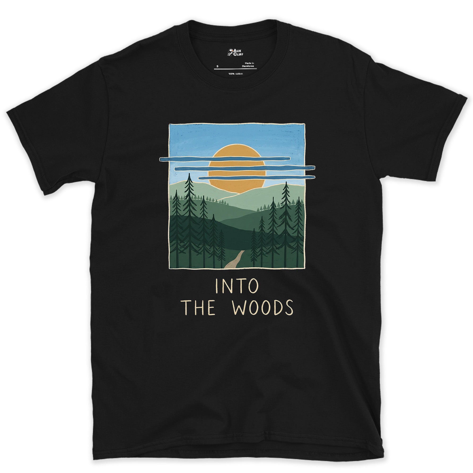 Into the Woods With Sun and a Bird design on a Black Gildan Softstyle t-shirt